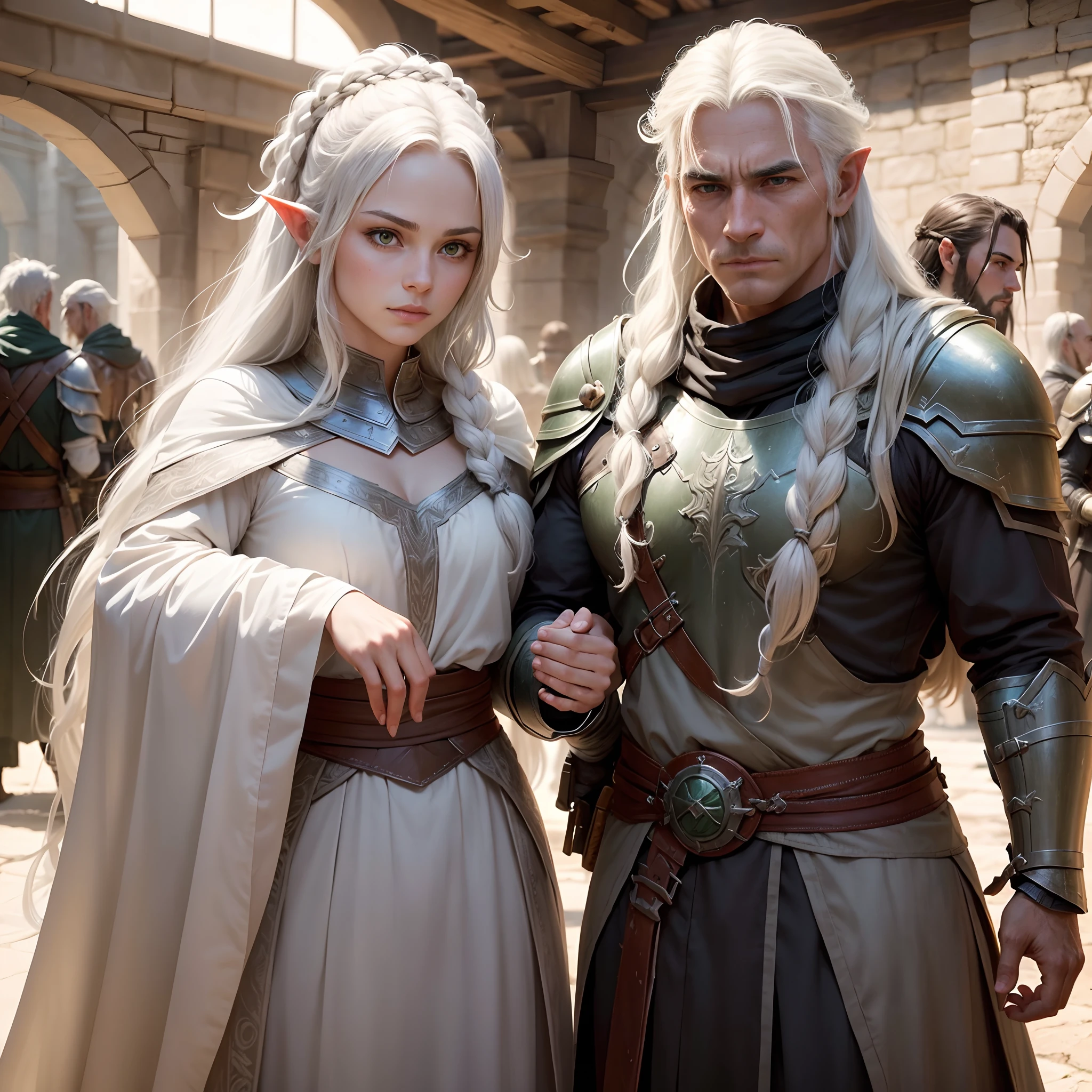 This half-orc paladin is a striking figure, with a mane of long, white hair elegantly braided down their back. Their skin tone, an intriguing blend of green and grey, sets them apart from the crowd. Most notably, a prominent scar starts at their upper lip and extends across the left cheek, a lasting testament to the battles they've endured and their unwavering determination to uphold their oath as a protector of the light in the face of adversity.