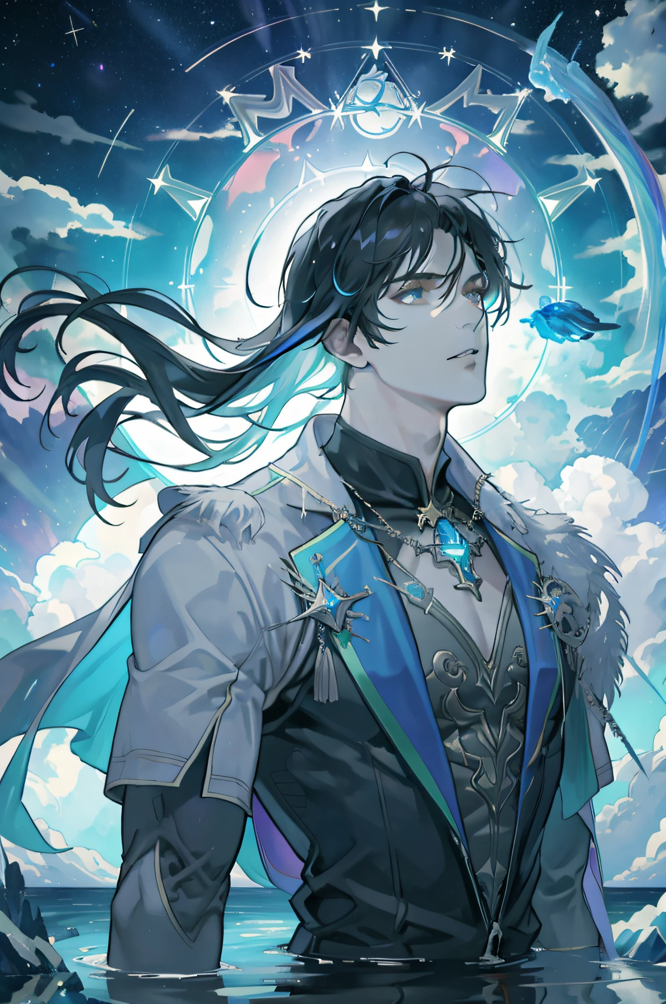 masterpiece, best quality, 1 male, adult, mature, tall muscular guy, Dark theme, Magic circle, bubble, rainbow Sunlight, Underwater, Reflected mirror, floating piece of Glass, Rainbow light, Bubble Swirling, wind Swirling, Aurora, fantasy scenery, Starlight around the character, (upper body)