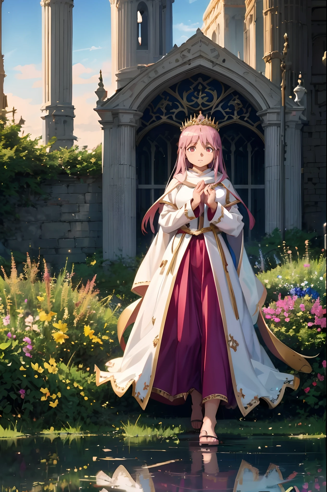 , (masterpiece:1.2), (best quality:1.15), extremely detailed,1girl, detailed,1girl, solo, madoka, long hair, pantyhose,, long dress, priestess, whitecloths, long skirt, pink robe, , standing, full body, medium breast, mature woman, tallgirl, standing,smile,, pink eyes madoka, tutu, long skirt, pink dress,big breast, curvy,, holding staff, white cloak, pink scarf, flipflops, medieval fantasy setting, rpg setting,, very long skirt,woman-medieval-clothes,huge breast, , female,fantasy goddess,there is a cartoon picture of a woman with a very large breast, glowing angelic being, glowing holy aura, inspired by Luma Rouge, the non-binary deity of spring, ethereal rainbow nimbus, the butterfly goddess of fire, inspired by Marie Angel, glowing aura around her, astral fairy, as the goddess of the sun, “uwu the prismatic person, big breast, happy, beautiful eyes, , full body, walking, long robe, long dre, catgirlss,, priestess ,holy, smile, long dress, brown hair, female,red eyes, black robe with stars symbolism, full body, flipflops,(best quality,4k,8k,highres,masterpiece:1.2),ultra-detailed,(:1.37),black robe with blue stars simbolism, girl with queen crown,beautiful detailed eyes,beautiful detailed lips,extremely detailed eyes and face,longeyelashes,golden crown adorned with diamonds,glowing blue stars on the robe,glittering pearls entwined in hair,royal purple backdrop,sparkling tiara,rich textures and fabrics,regal posture,confident expression,majestic aura,ethereal lighting,hauntingly beautiful atmosphere,elegant and magical,enchanted garden in the background,floating golden particles,subtle reflections on the crown,sublime tranquility,depth and mystery,sophisticated and regal,impeccable attention to detail,captivating and enchanting,ethereal and divine,fantasy-inspired artwork,dreamlike and surreal,celestial beauty and elegance,dark and mysterious,royal and majestic vibes,meticulous craftsmanship,vivid colors,whimsical and otherworldly., darks clothes