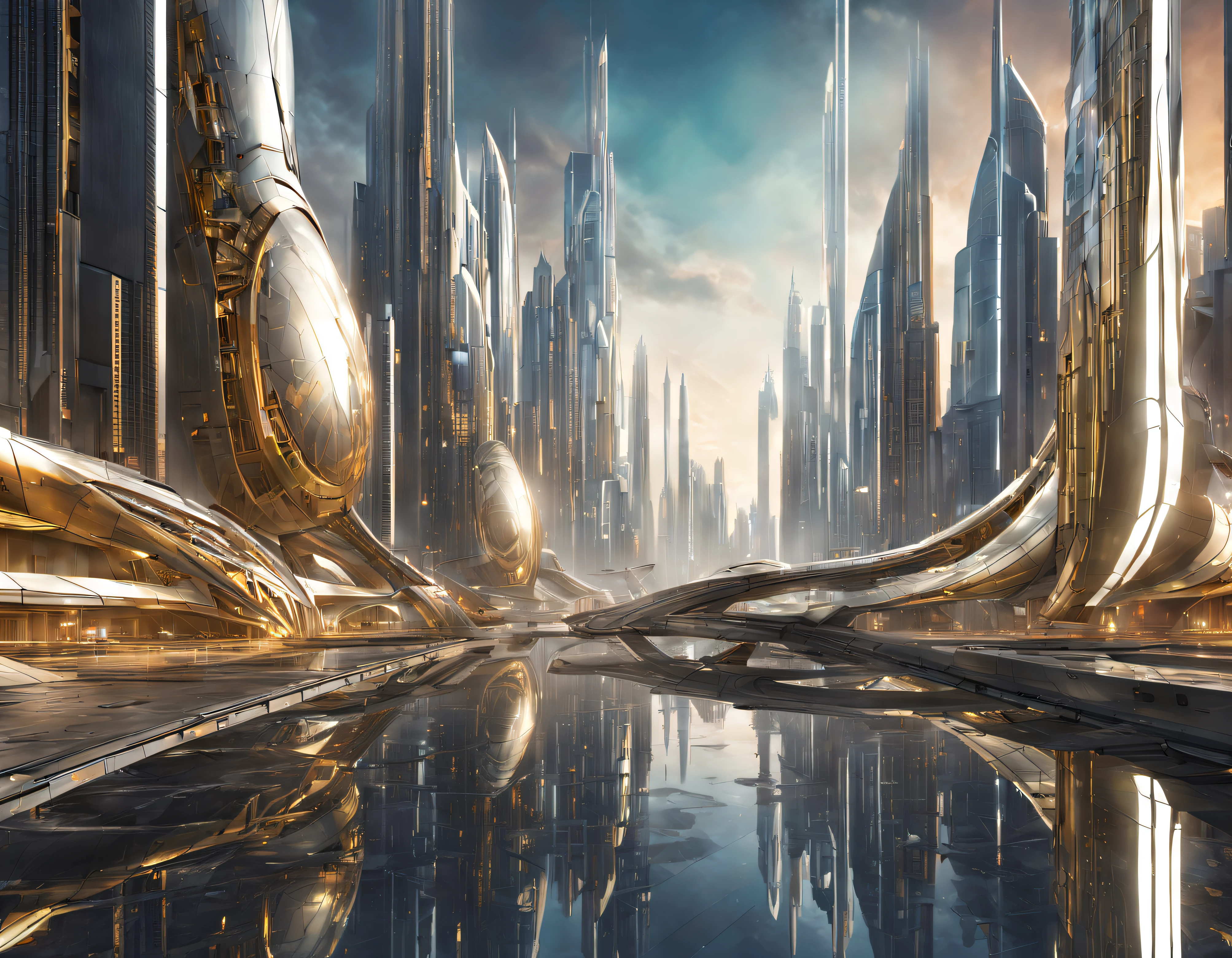 On an unknown planet there is a futuristic city with immense buildings of technological design que forman una infinita avenida, con estructuras acristaladas en plata, oro y bronce espectaculares en la que sobrevive un robot femenino espectacular. con colores vivos. pavimento ensolado