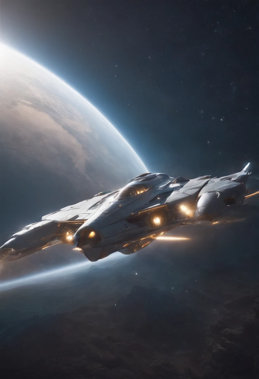 "Detailed illustration of a spaceship craft with two wings and a pattern like a journey of shining stars on the hull floating above the nocturnal meadow above the horizon looking up from below"Shinkai Seikaze
A huge spaceship resembling a fighter