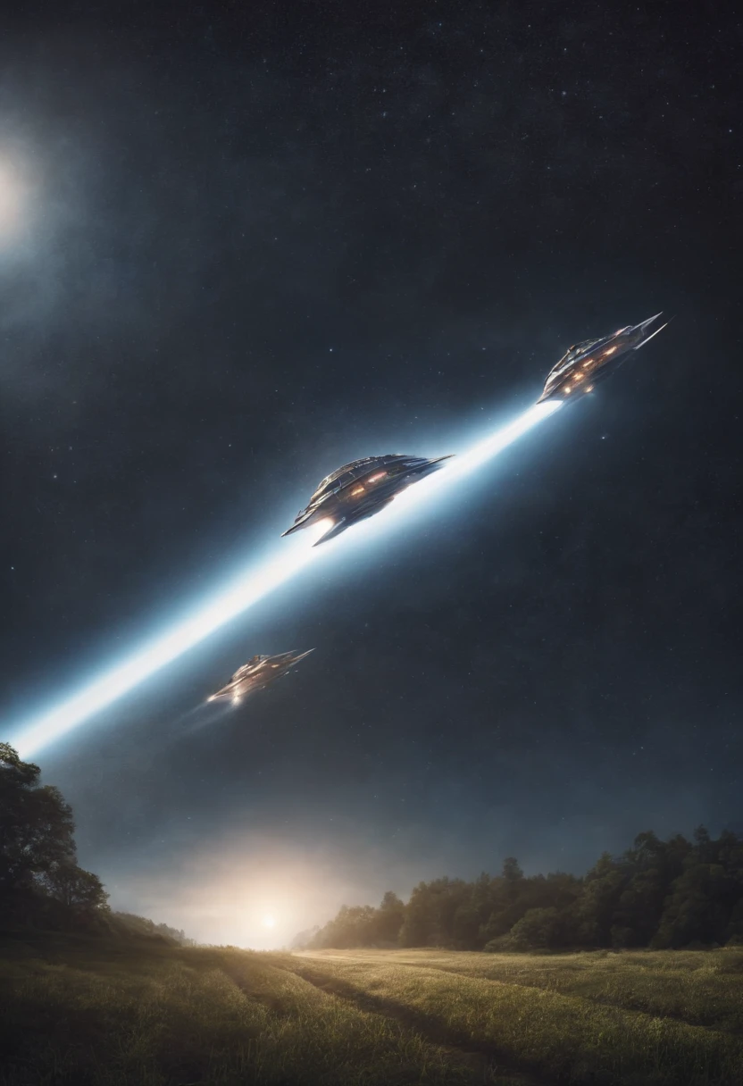 "Detailed illustration of a spaceship craft with two wings and a pattern like a journey of shining stars on the hull floating above the nocturnal meadow above the horizon looking up from below"Shinkai Seikaze

A huge spaceship resembling a fighter