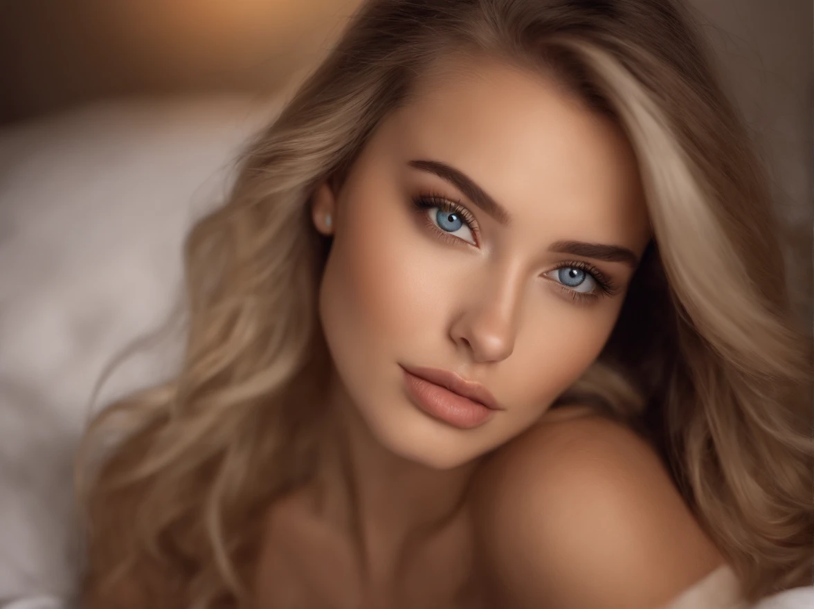 woman fully , sexy girl with blue eyes, ultra realistic, meticulously detailed, blonde hair, selfie of a young woman, bedroom , natural makeup, sexy lingerie, looking directly at the camera, face with artgram, stunning full body .laying in bed  large size bust; luxury room , naked