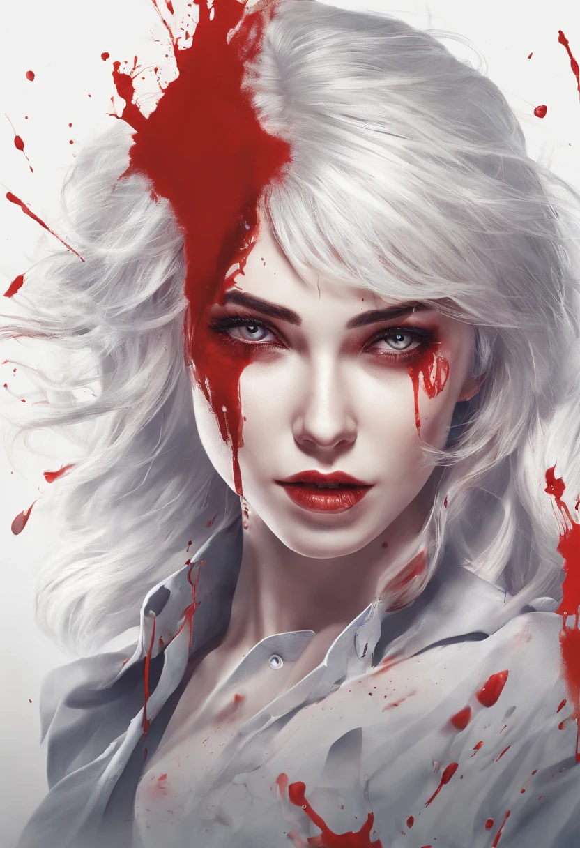 White-haired beauty with a bloody shirt and blood in return
