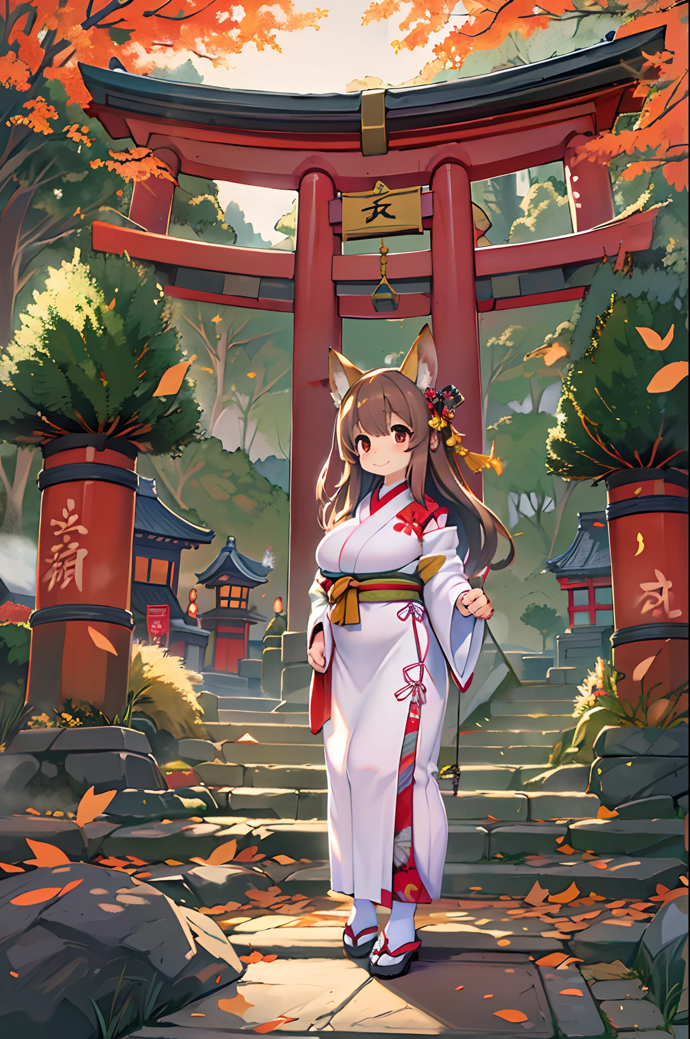 Fox Woman、body covered with fur、huge-breasted、kawaii、shrine maiden、Japan white clothes,Red Hakama、torii gate,((High Position))、A big smile、bbw、thick thight、big butts、Ultramammy,Chibi,Nanachi、Beautiful shrine scenery, autumn day,kaede、 Pines, Anime Background Art, japanese art style, beautiful anime scene, detailed scenery - width 672, Background art, Anime landscapes, Anime Background, Beautiful anime scenery, Beautiful peace scenes in anime, landscape artwork, Japan Village, Anime landscape concept art, 8K))、a lot of fallen leaves、Bamboo Bowl、Chubby、Shrine precincts