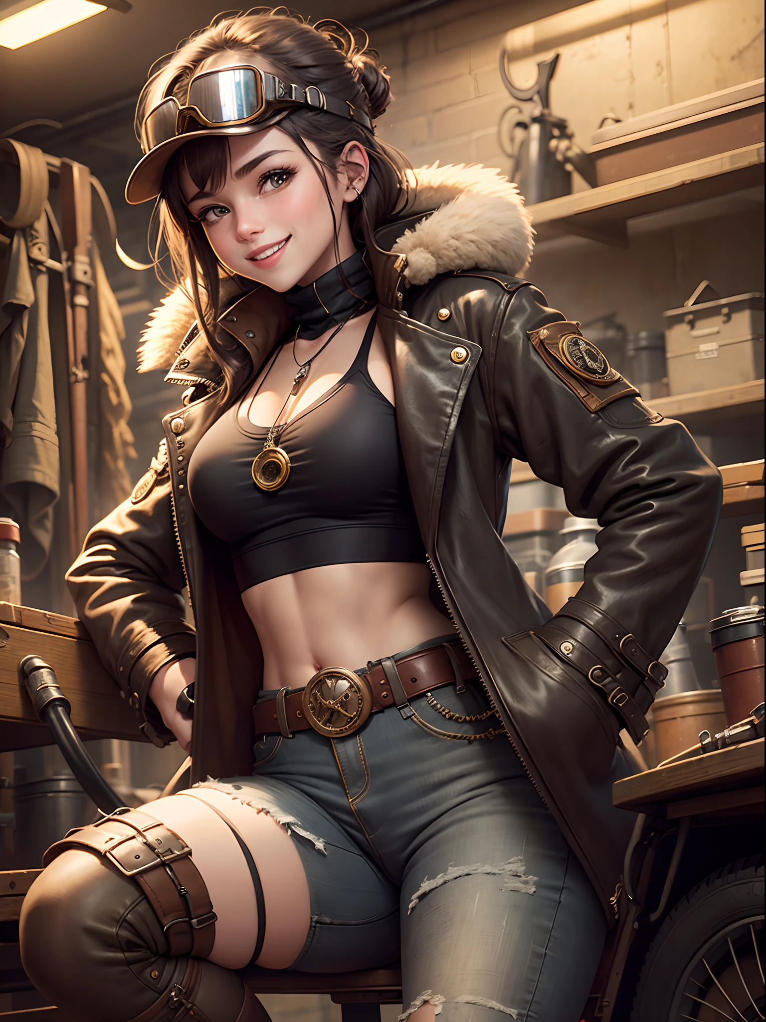 Steampunk, vintage, jacket, young girl, skiing goggles, monocle, black ripped pants, multiple belts, smiling,(( garage)), black sports bra