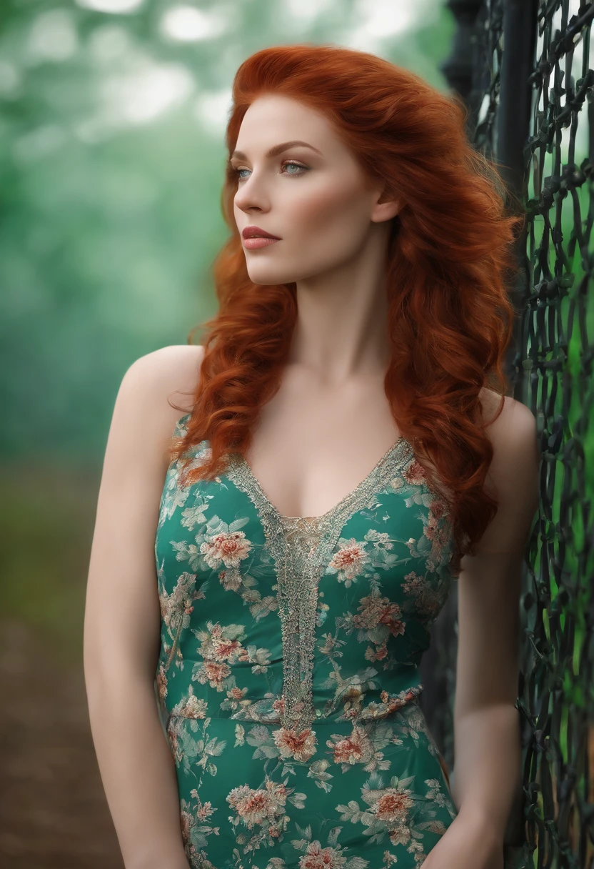(front view) highly detailed photo of woman, detailed fence background, (with red hair), (green eyes) (symmetrical handsome face) nice and well defined nose (well defined and angular jaw), proportional and full lips, stunningly realistic photography , realistic soft colors, octane rendering, intricately detailed, sharp sharpness, stunning full color, photo taken with a DSLR, 32k resolution, best quality, (focus on skin texture), big boobs