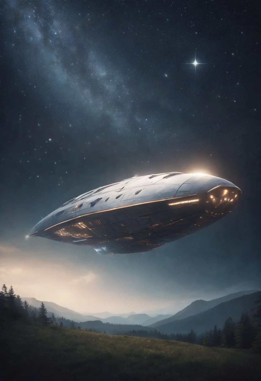 "Detailed illustration of a spaceship craft with two wings and a pattern like a journey of shining stars on the hull floating above the nocturnal meadow above the horizon looking up from below"Shinkai Makotokaze