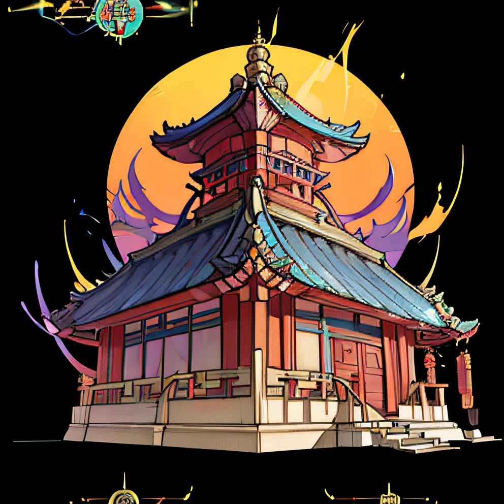 Chinese style buildings,,Mythical pagoda, digital painting of a pagoda, game assets, game icon asset, Overall pagoda，Flat painting，Simple structure，quadratic element，Blue-violet tones