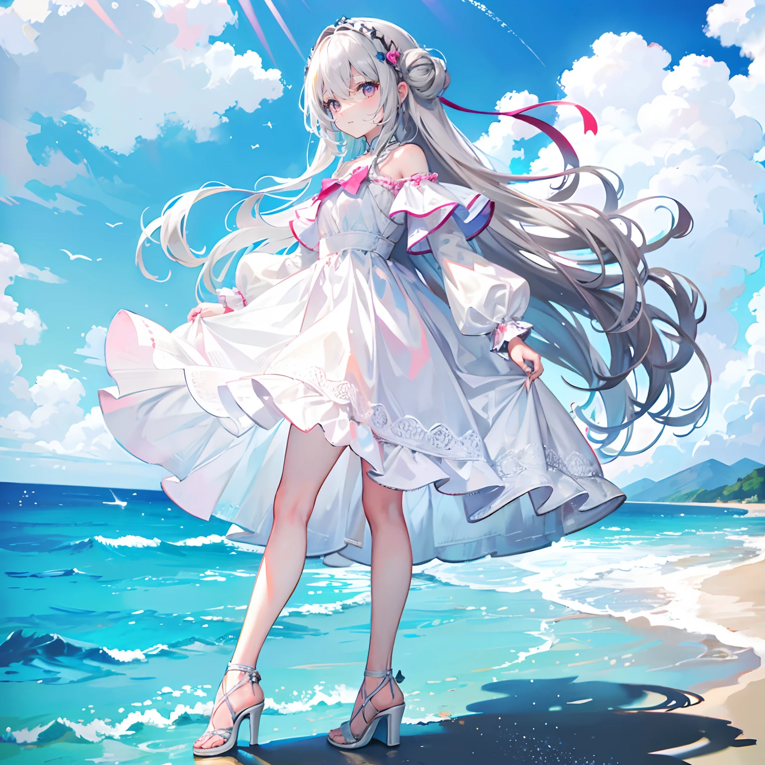 Silver-gray hair,Pink-brown eyes,long whitr hair,curlies,adolable,teens girl,White gorgeous dress,High heels on the feet,Standing on the surface of the sea,Photo from the side,All body,Fingers and arms are not exposed,background ocean,with blue sky and white clouds,,Happy expression,High-quality light and shadow