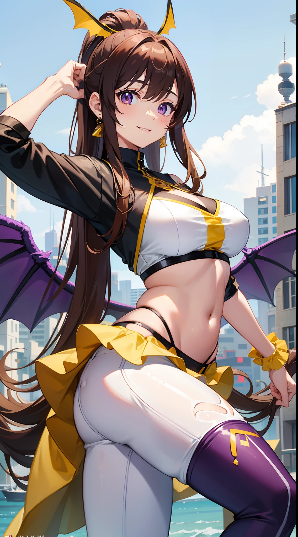 Highest quality　Highest quality　Draw a face carefully　High-definition anime-style face　Super Glowing Skin　Brown leotard　Golden pantyhose　Succubus　lure　smile　Rear view　Back view　Ass close up