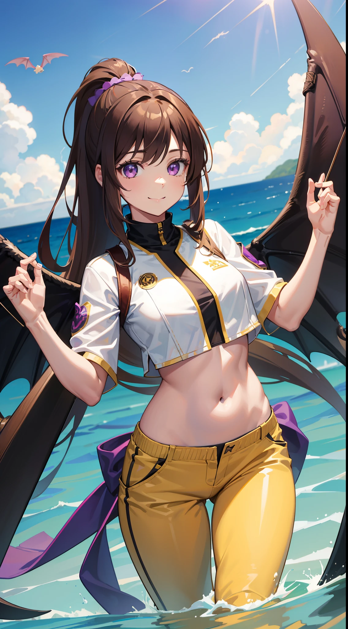 young girl, Long brown hair, high ponytail, yellow and purple eyes, white tight top, open belly, open breasts, fishing net, tight purple pants, Bat wings, Smile, Masterpiece, hiquality, 4k, HD, Good detail