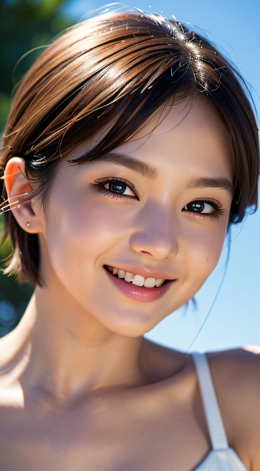 masterpiece, Best quality, Raw photorealism, Smile, big smile, happy face, Beautiful girl, Cute, Short hair, small breasts, depth of field, High resolution, Ultra detail, Very detailed eyes and face, Sharp pupils, Realistic pupils, Sharp focus, Movie lighting