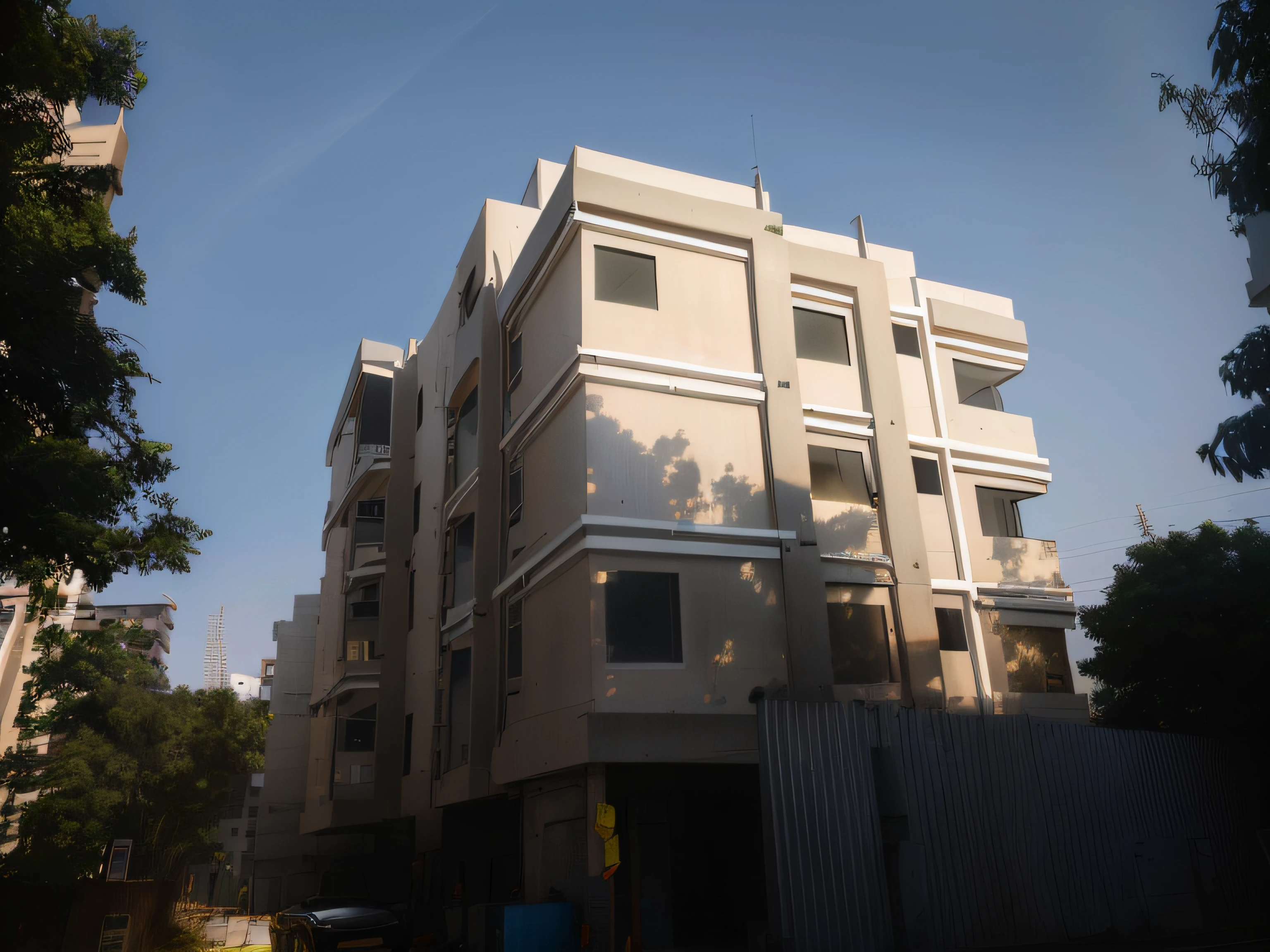 there is a building that has a car parked in front of it, building facing, exterior view, full building, fully built buildings, concrete housing, arhitectural shot, concrete building, white building, single building, front side view, front side, front-view, front view, street level view, architectural shot, residential, multistory building, ten flats
