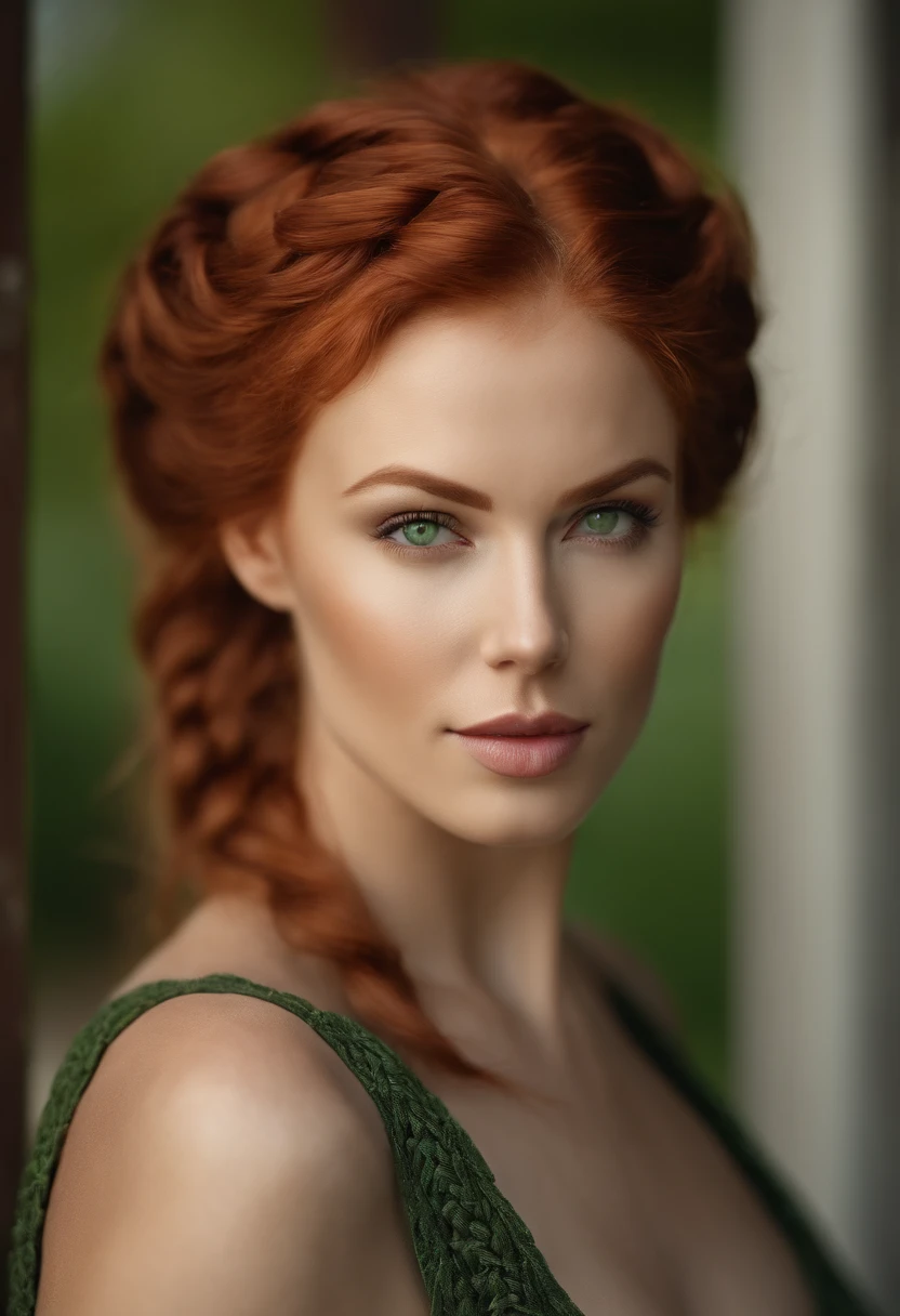 (front view) highly detailed photo of woman, detailed fence background, (with red hair), (green eyes) (symmetrical handsome face) nice and well defined nose (well defined and angular jaw), proportional and full lips, stunningly realistic photography , realistic, soft colors, octane rendering, intricately detailed, sharp sharpness, stunning full color, photo taken with a DSLR, 32k resolution, best quality, (focus on skin texture), large breasts, hair in a viking braid