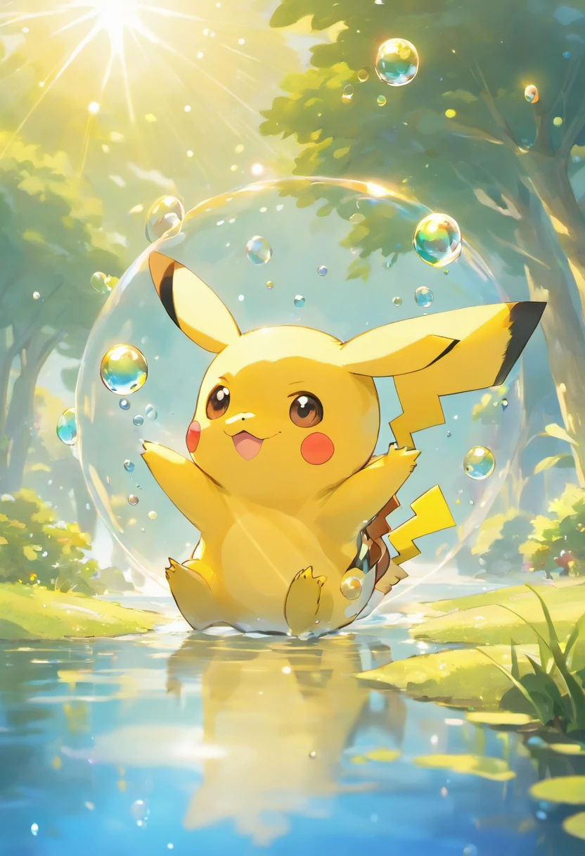 A touching scene in ultra-high definition 3D showcasing Pikachu making a wish beside a tranquil lake. Pikachu, beautifully rendered in detail, is seen gently blowing bubbles into the air, each one carrying a hopeful wish. The bubbles catch the reflection of the setting sun, creating a dreamy, magical effect. The overall atmosphere is tender, filled with hope and serenity