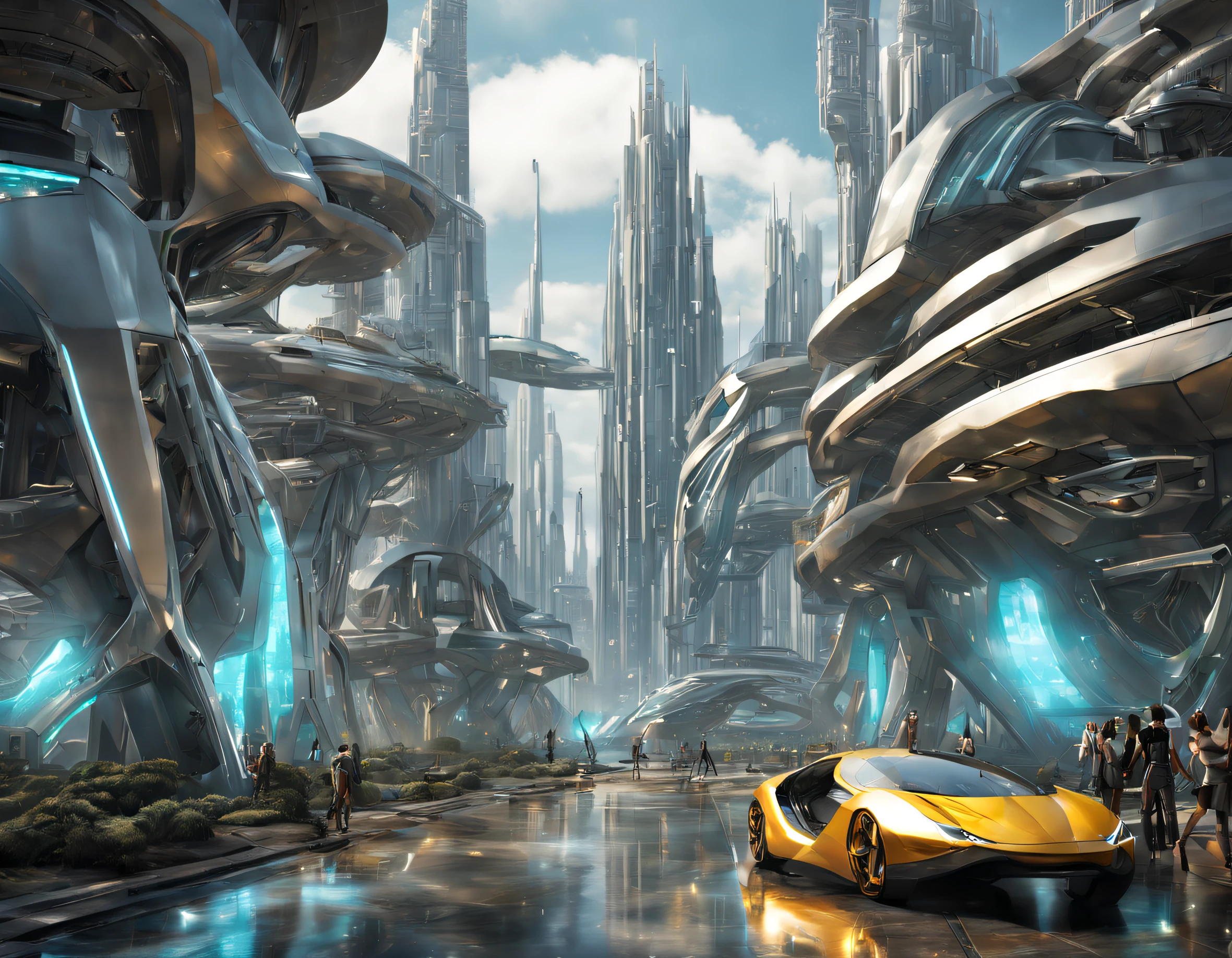 On an unknown planet there is a futuristic city with immense buildings of technological design que forman una infinita avenida, con estructuras acristaladas en plata, oro y bronce espectaculares en la que sobrevive un robot femenino espectacular. con colores vivos. pavimento ensolado. gente paseando.