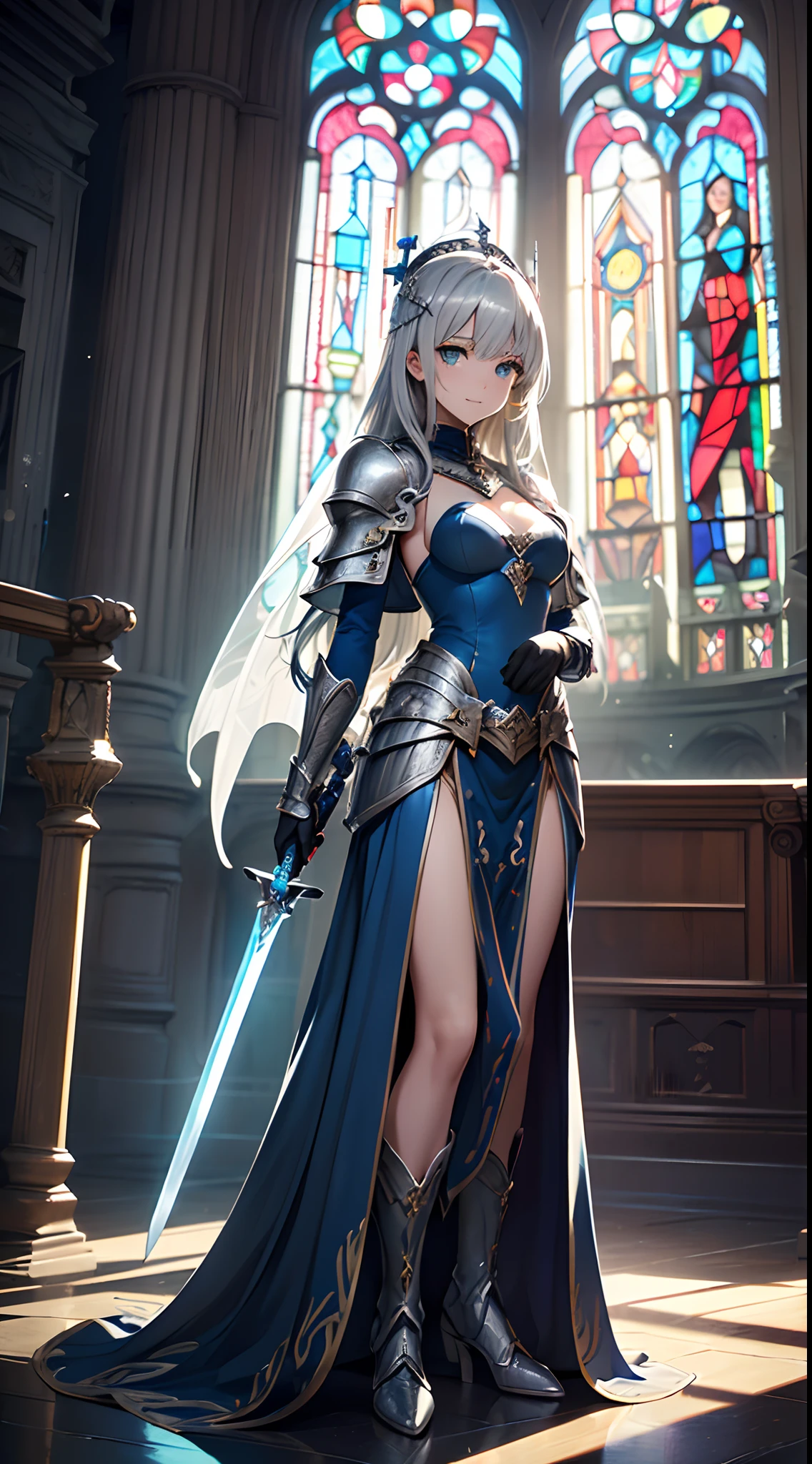 (Official art、Best Quality、Unity 8k Wallpapers、32K、​masterpiece、ultra-detailliert、超A high resolution、realisitic、Photorealsitic:1.2)、(Cinematic lighting:1.2)、Fireglow effect、film grains、Best Shadows、Rim lighting、side lights、sideshot、(Ultra-detailed and complex 3D rendering)、Detailed beautiful face and eyes、Sharp pupils、Realistic pupils、A slender、１Man Woman、Medium bust、(Full body:1.2)、 beauitful face、16-year-old beautiful girl、(super detailed skin、detailed skin textures:1.3)、(silver blond、Blue-silver hair:1.3)、Paladin、Longhaire、Blunt bangs、green colored eyes、3 braids in 1 bunch、(Blue Armor、Blue Boots、Blue helmet、Jeweled、Gold embroidery)、A slender、Maxi skirt、(thighs thighs thighs thighs:0.8)、(chies、in a house、Artistic stained glass、Large pipe organ、Halo points、crosses、Mystical、Particles of light、solemnity、Sunlight is、colourfull、Fantastical:1.2)、(Fantastical:1.3)、(Carrying a silver sword:1.3)、(Looking away、looking distantly:1.3)、Fantastical、Gentle smile、I opened my mouth a little、