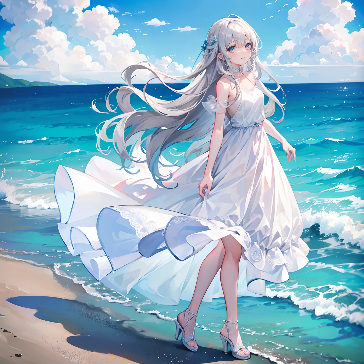 Silver-gray hair,Pink-brown eyes,long whitr hair,curlies,adolable,s girl,White gorgeous dress,High heels on the feet,Standing on the surface of the sea,Standing on the surface of the sea,photo from the side,All body,Fingers and arms are not exposed,background ocean,with blue sky and white clouds,,Happy and happy expression,High-quality light and shadow,Artistic sense
