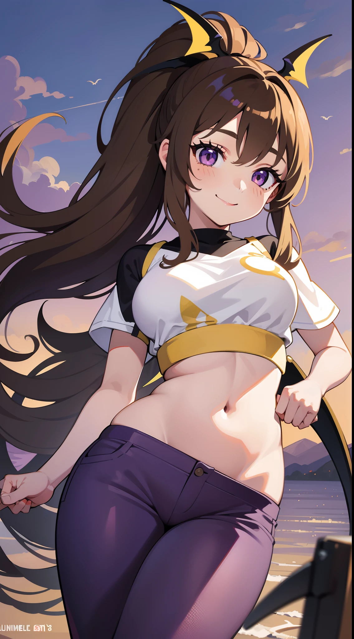young girl, Long brown hair, high ponytail, yellow and purple eyes, white tight top, open belly, open breasts, fishing net, tight purple pants, Bat wings, Smile, Masterpiece, hiquality, 4k, HD, Good detail