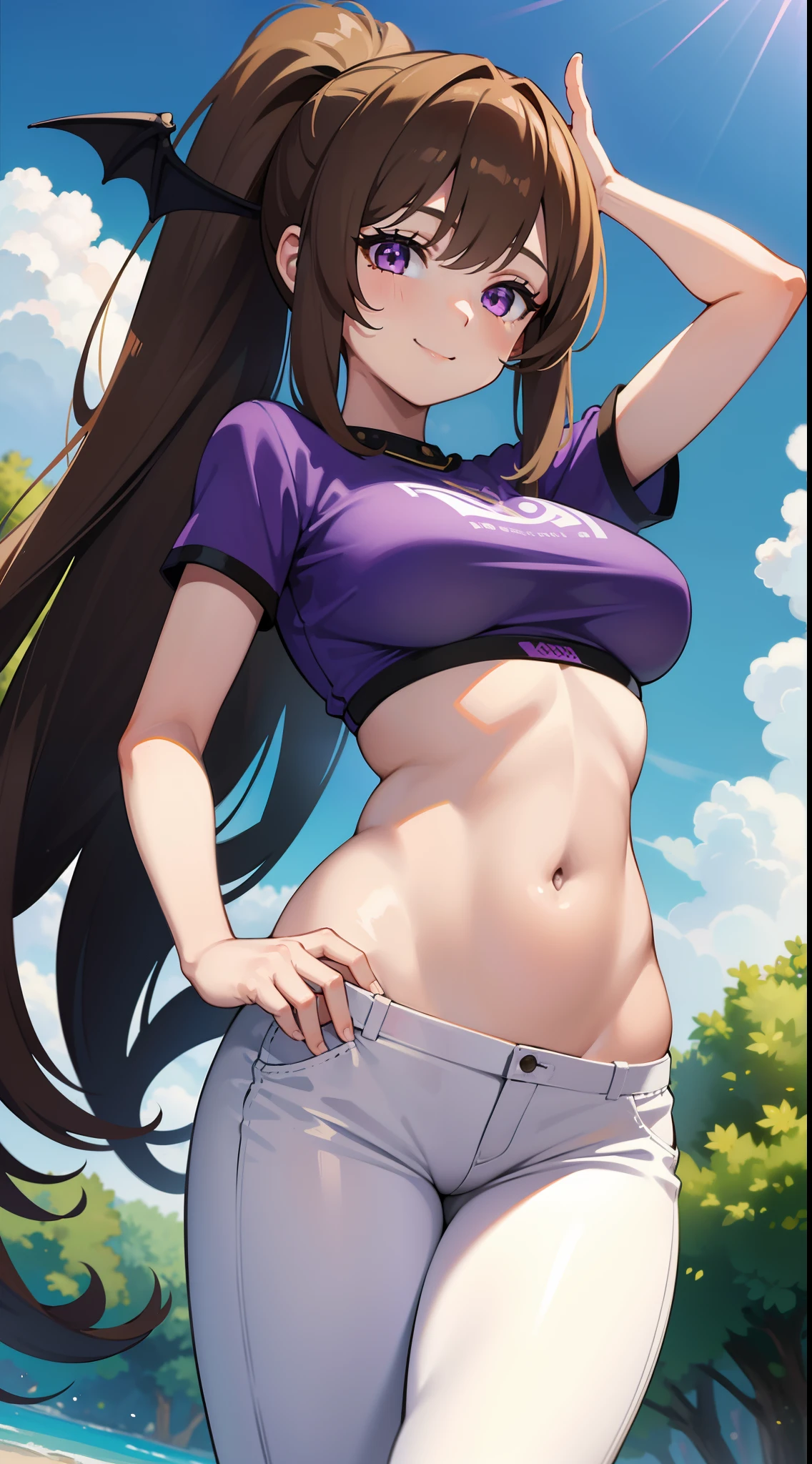 young girl, Long brown hair, high ponytail, yellow and purple eyes, white tight top, open belly, open breasts, fishing net, tight purple pants, Bat wings, Smile, Masterpiece, hiquality, 4k, HD, Good detail