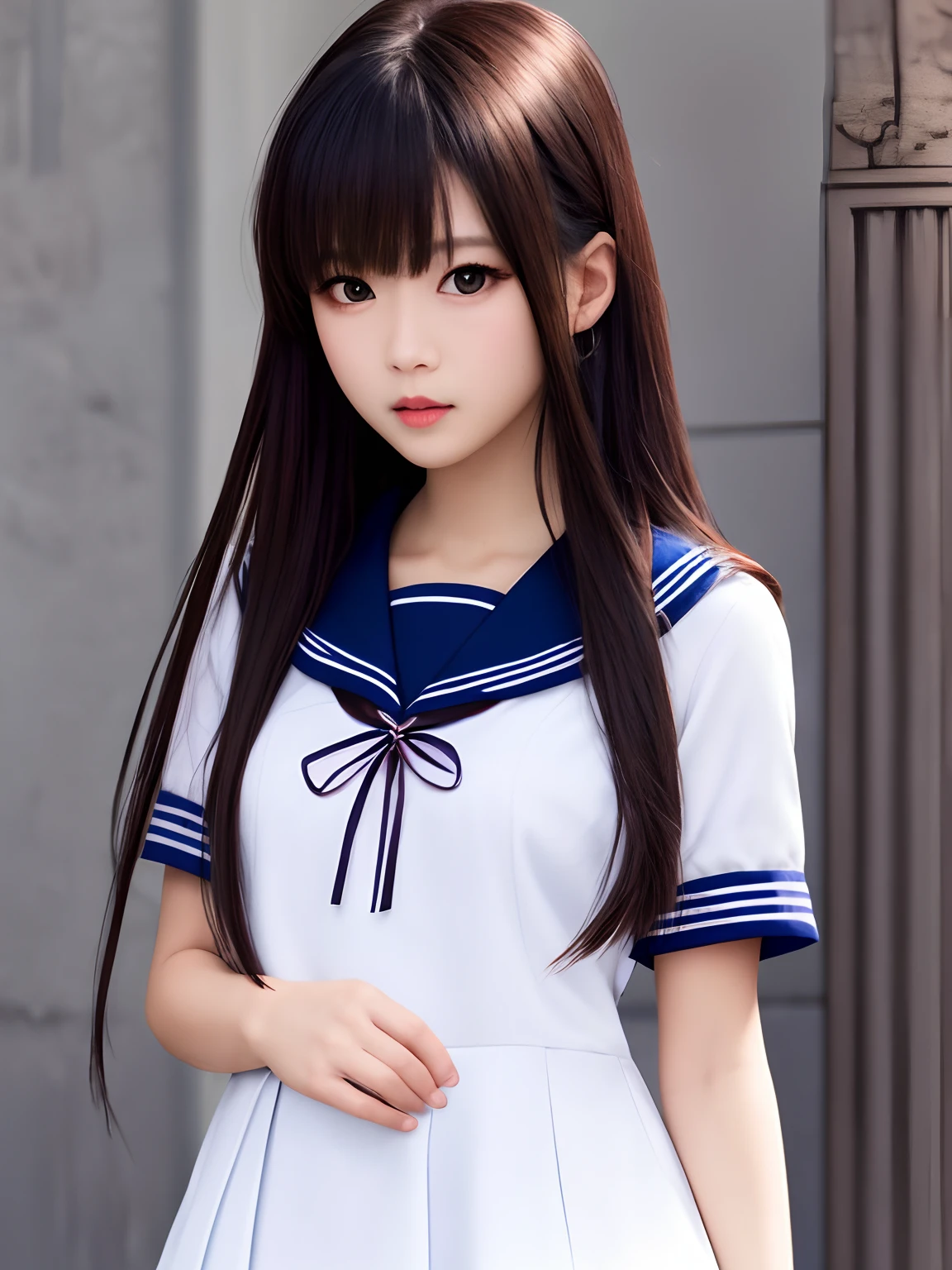 Model shooting style, (highly detailed CG Unity 8K wallpaper), portrait of beautiful woman, dark magic school uniform, flowing hair, photorealistic photo, trending on ArtStation, trending on CGSociety, complex, high definition, sharp focus, dramatic and photorealistic photography, Canon EOS Mark IV, f5.6 , Matt, {Very Delicate Beautiful Girl}, 8cg wallpaper, masterpiece, cold look, handsome, medium, super body, staring viewer, school uniform, sailor suit, seraphku, messy long hair, big eyes beautiful eyes in detail {{black cross hairpin}}, handsome, shiny hair, dramatic angle