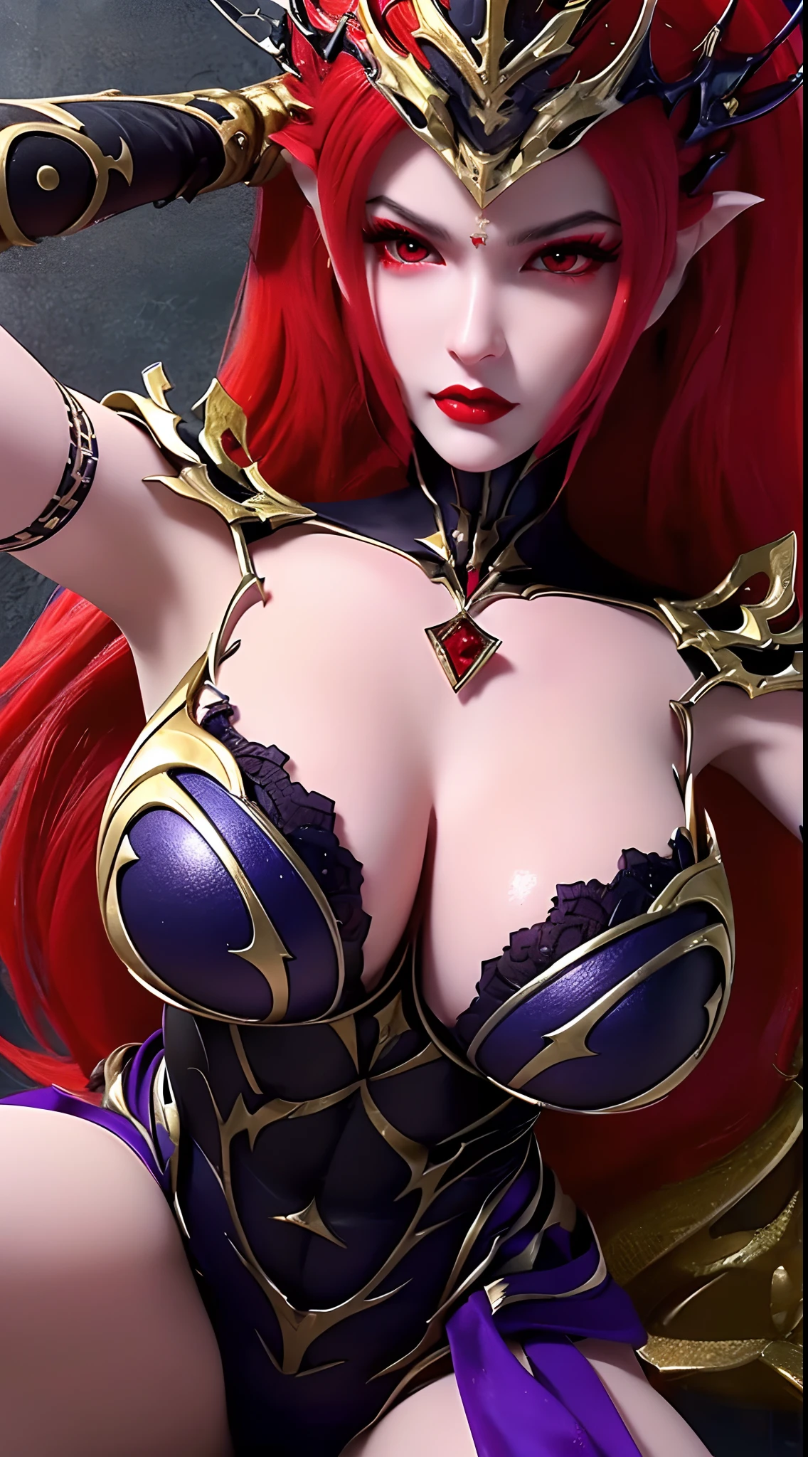 1 beautiful and sexy 20 year old girl, ((wearing traditional Hanfu armor with main colors purple and red:1)), not wearing pants, sexy hanfu style, ((long red hair:1.7)), jewelry elaborately made from precious stones and beautiful hair, ((wearing a 24k gold lace necklace:1.4)), the noble, noble style of an extremely beautiful girl, her small face is super cute, her face is very pretty, thin eyebrows, flawless beautiful face, ((black eye pupils: 0.8)), very beautiful eyes, ((light red eyes: 1)), (((big round eyes:1.6))), nice makeup and hair detailed eyelashes, steamy eye makeup, high nose, earrings, red lips, ((closed mouth: 1.5)) beautiful lips, slim hands, most beautiful thighs, ((arms spread out to the sides: 1.5)), rosy face, clean face, flawless beautiful face, smooth white skin, (big breasts: 1.5)), tight breasts, beautiful cleavage, (((big breasts and super round: 1.8))), beautiful breasts, perfect body, ((put girl's arms behind her back:1.6)), chest out, sit down on the bed, ((Open your legs:1.5)), not ashamed, 8k photo, super high quality, super realistic, super 10x pixels, optical, bright studio, bright edges, dual-tone lighting, (high-detail skin:1.2), super 8k, soft lighting, high quality, volumetric lighting, photorealistic, photorealistic high resolution, lighting, best photo, 4k, 8k quality, smooth sharp, 10x pixel, ((royal villa background:1.5)), aurora, lightning, super graphics realistic, most realistic graphics, 1 girl, alone, solo, Extremely sharp image, surreal, ((portrait:1.8))."
