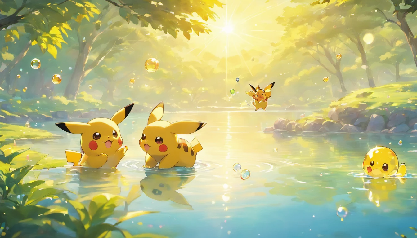 Lofi, Pokémon, A touching scene in ultra-high definition 3D showcasing Pikachu making a wish beside a tranquil lake. Pikachu, beautifully rendered in detail, is seen gently blowing bubbles into the air, each one carrying a hopeful wish. The bubbles catch the reflection of the setting sun, creating a dreamy, magical effect. The overall atmosphere is tender, filled with hope and serenity
