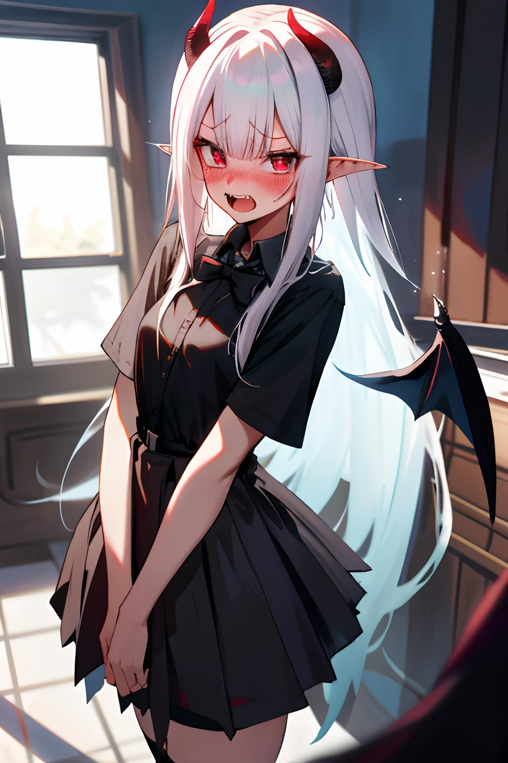 One girl with long hair, white hair, looking at viewer, embarrassed, blushing, indoor, open mouth, fangs, black t shirt, black bow tie, black hight waist skirt ,thigh, pointy ears, demon wings, demon king, demon horn, perfect waist, gyaru style