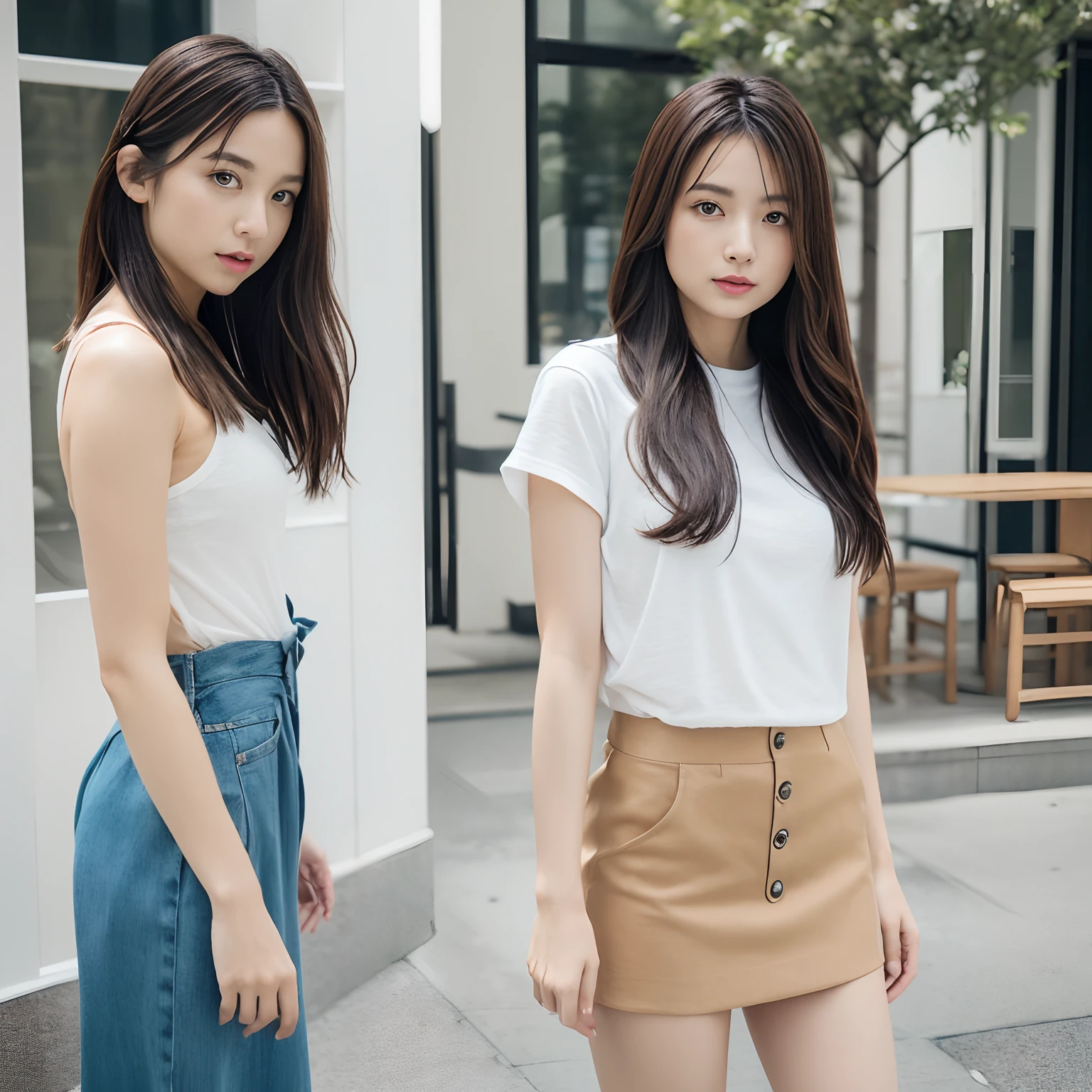 (8K、Raw photography、top-quality、masuter piece:1.2)、ultra-detailliert、ultra res、(realisitic、rialistic photo:1.37)、portlate、high-definition RAW color photography、2girls,Full body shot、well-muscled:1.8、huge-breasted:1.6,appearance々Model style clothes、a miniskirt、japanes