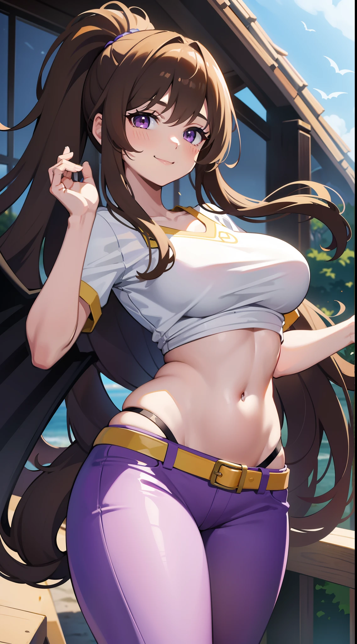 young girl, Long brown hair, high ponytail, yellow and purple eyes, white tight top, open belly, open breasts, fishing net, tight purple pants, Bat wings, Smile, Masterpiece, hiquality, 4k, HD, Good detail