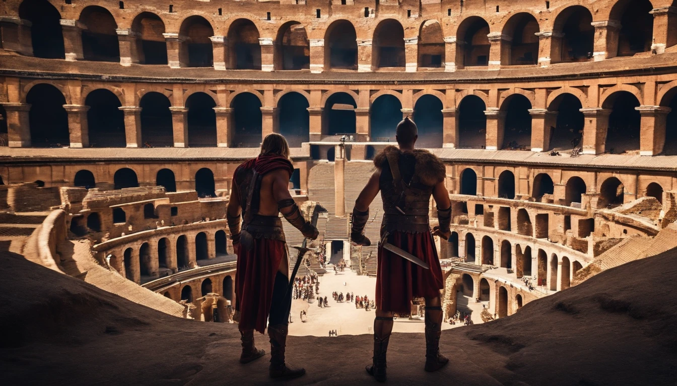 Brave gladiators stand at the top of the Colosseum steps, Sword in hand, Ready to fight lions in a deadly battle.