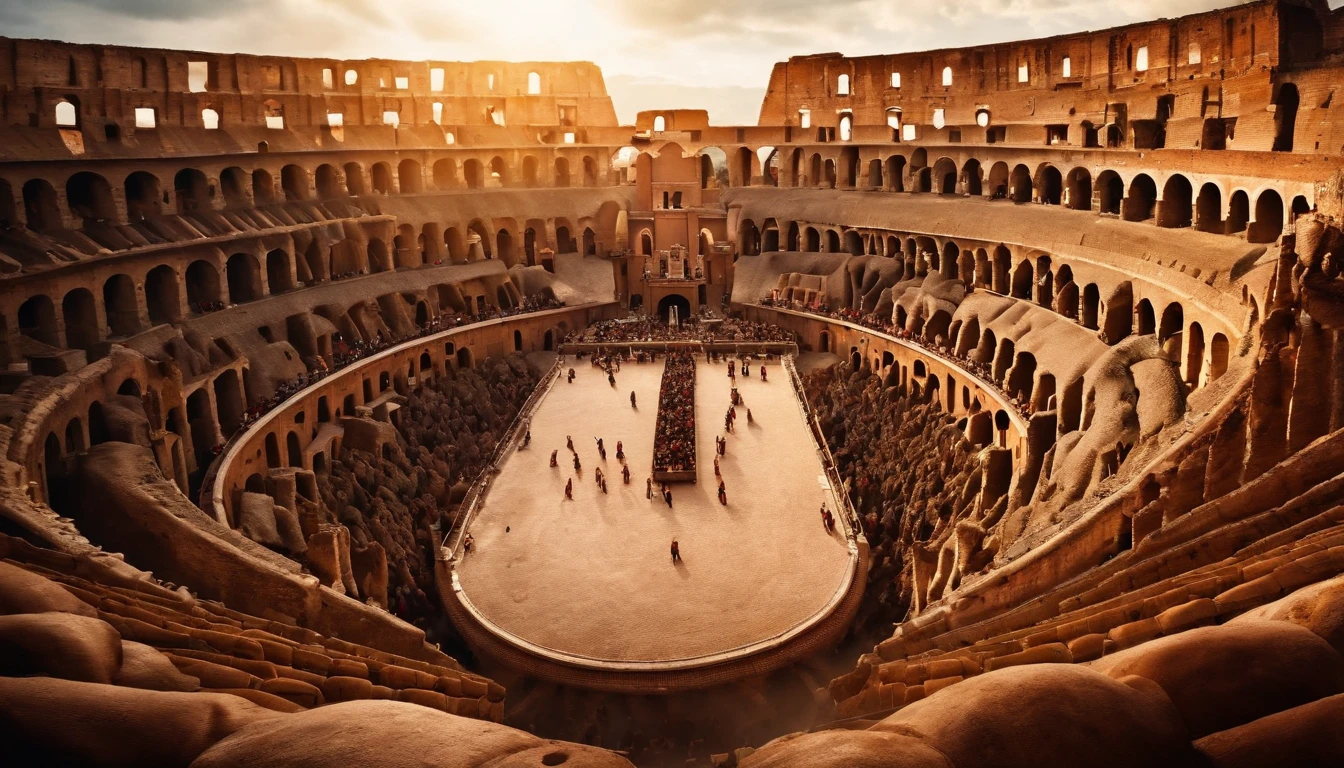 Brave gladiators stand at the top of the Colosseum steps, Sword in hand, Ready to fight lions in a deadly battle.