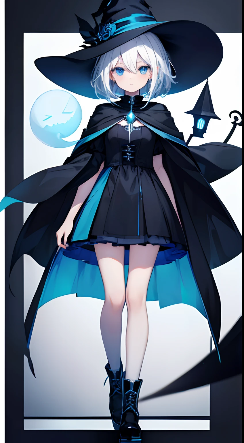 High quality, one witch girl, {white hair}, {blue eyes}, wearing black with light blue inner witch hat, dark blue short dress, black knee high socks, white witch shoes, white with light blue inner cape, Halloween, night, ghost, cat, highlighting color border,