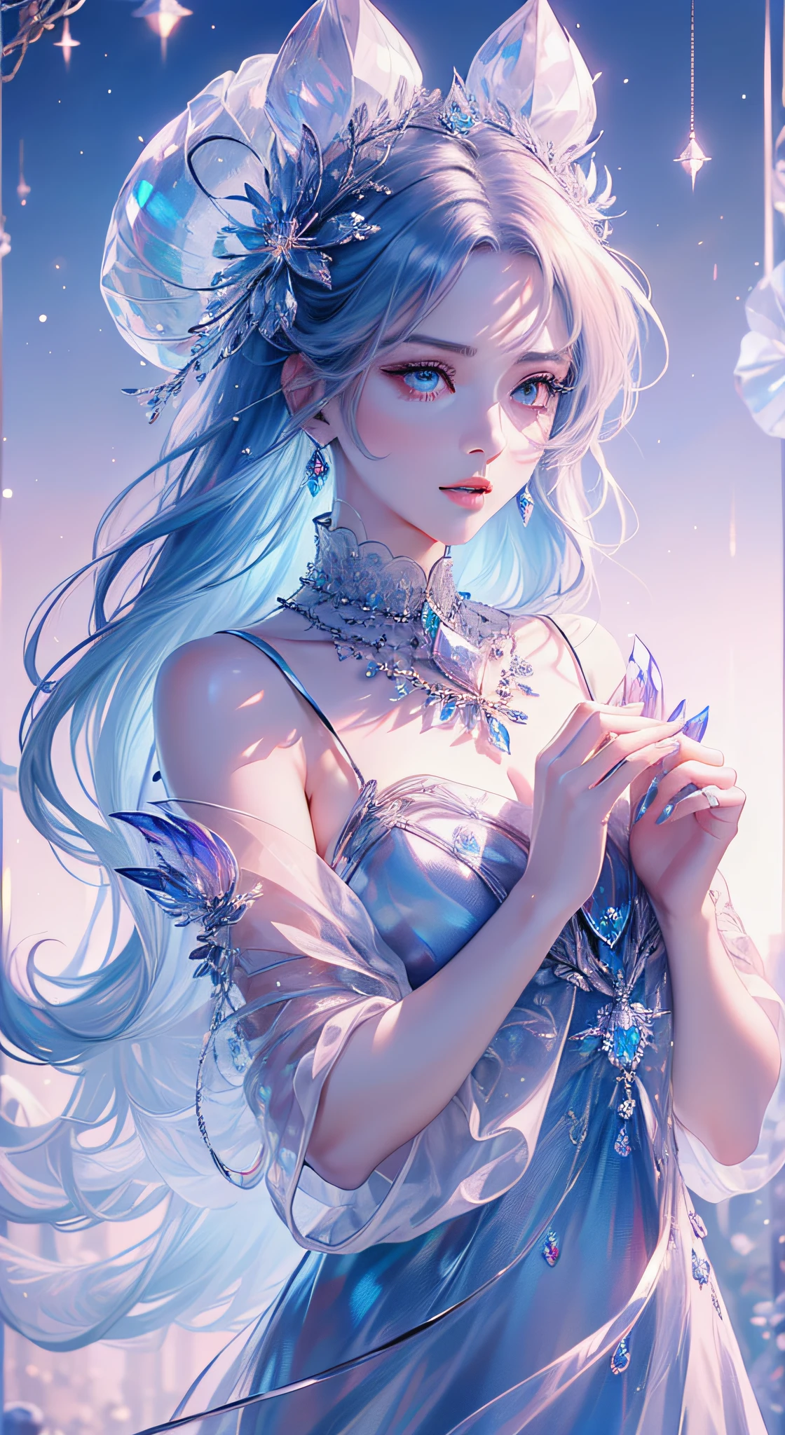 tmasterpiece,Highest high resolution,((((Diamond)))),Dynamic avatar of beautiful aristocratic girl,Blue hair is elegantly coiled,,jewelery,adiamondnecklace,(((Wearing a huge cloak))),Purple clear eyes,(((The hair is covered with beautiful and delicate floral craftsmanship, Crystal jewelry filigree))),Ultra-detailed details。