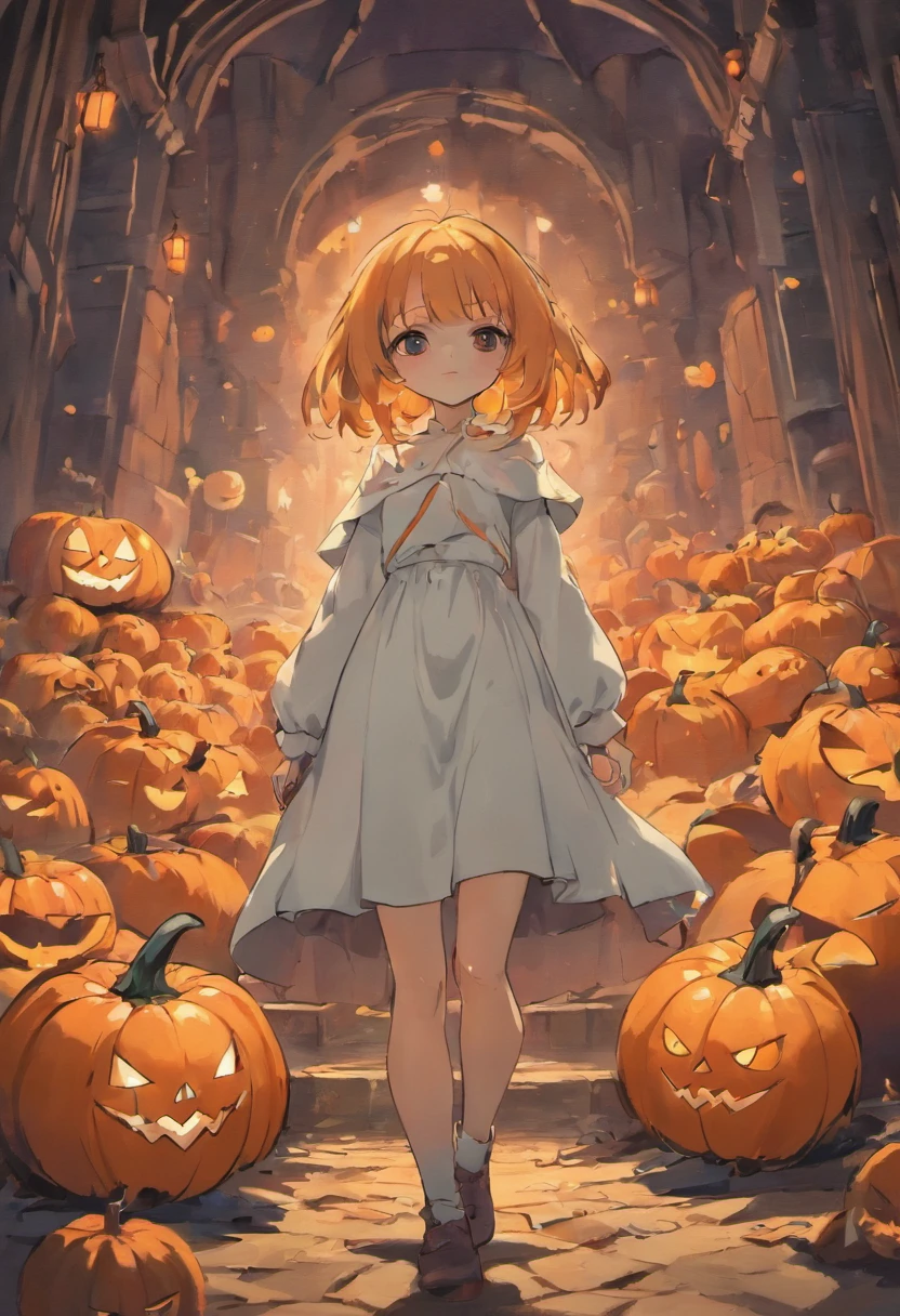 Flat illustration of a halloween scene with pumpkins and a ghost white background, t-shirts style design, vector art by Johannes Helgeson, featured on dribble, gothic art, behance hd, sketchfab, flat shading, ultra-sharpness, ultra detailed, 8K