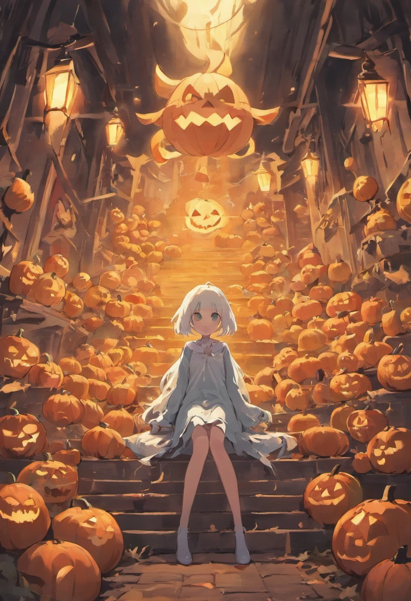 Flat illustration of a halloween scene with pumpkins and a ghost white background, t-shirts style design, vector art by Johannes Helgeson, featured on dribble, gothic art, behance hd, sketchfab, flat shading, ultra-sharpness, ultra detailed, 8K