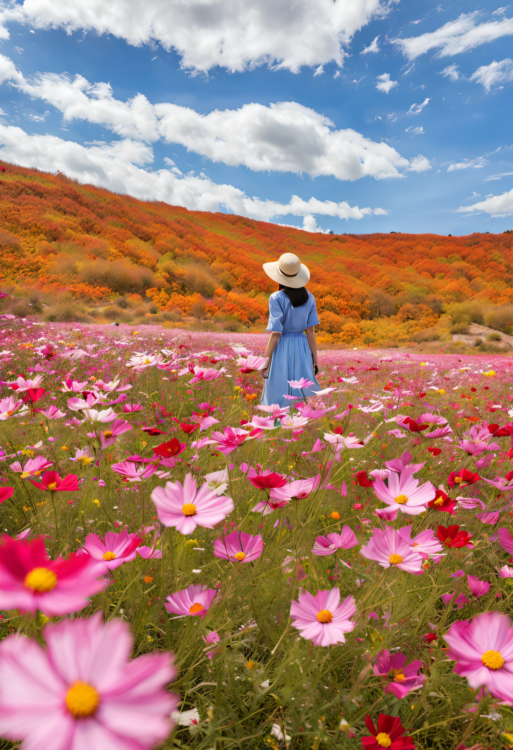 Lonely flowers and blue sky、Autumn sky and beautiful cosmos flowers、Landscape photo of the vast cosmos flower field、（View from below with a view of the sky and the wilderness below）、Girl looking up at blue sky、Draw the sky big、Masterpiece、top-quality