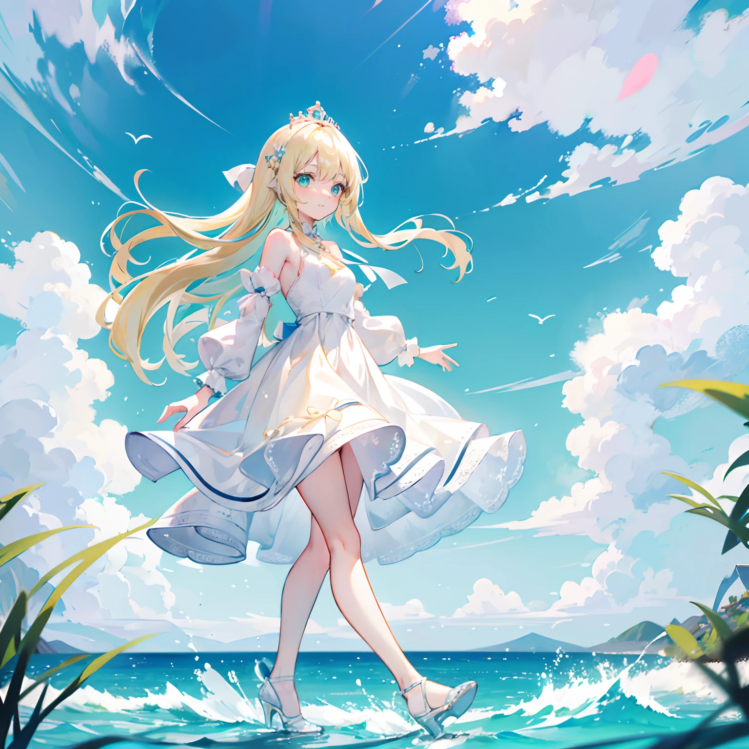 Blonde hair，Green eyes，long whitr hair，Princess cut hairstyle，A ball head，adolable，s girl，Wearing white high heels on his feet，Stand on the water with your feet，Full body photo from the side，All body，Fingers and arms are not exposed，background ocean，with blue sky and white clouds，Happy and happy expression，Cute gestures