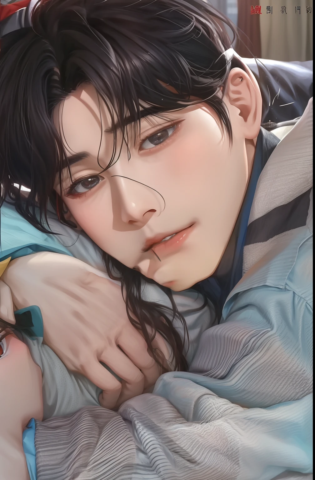 arafed image of Eunwoo laying on a bed with his arm around his chest, cai xukun, kim doyoung, jung jaehyun, inspired by Bian Shoumin, sakimichan, realistic. cheng yi, yanjun chengt, inspired by Zhang Han, jinyoung shin, wan adorable korean face, young wan angel