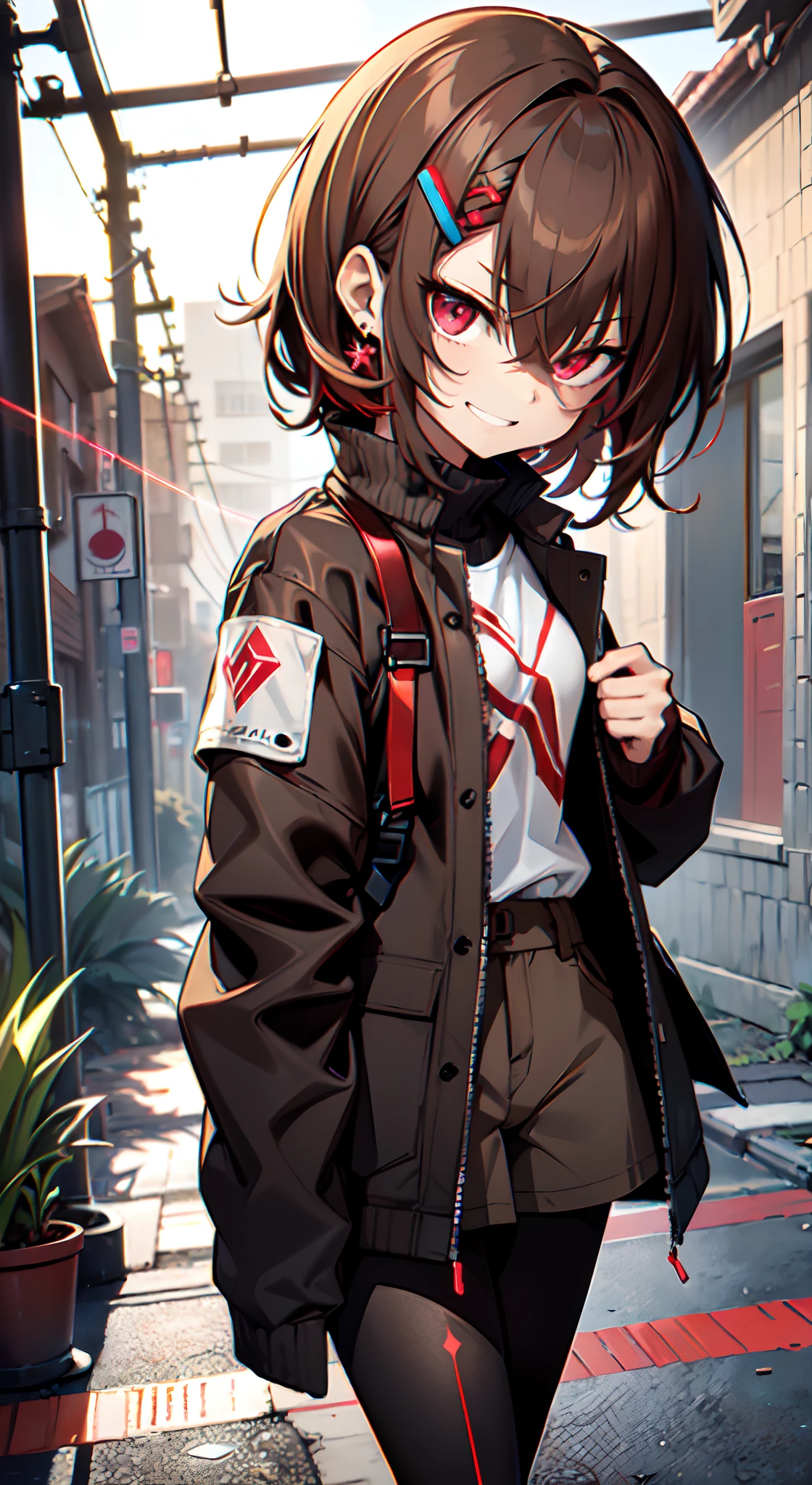 (masterpiece, sidelighting, finely detailed red eyes: 1.2), ((best quality)), ((masterpiece)), (highly detailed:1.3), anime, loli girl, small chest, childish body, bodytight shirt, turtleneck, open jacket with long sleeves, oversized shorts, dark-grey shorts, pale skin, (shadowed eyes, darkened eyes), (smirk, mischevious grin), (short-medium hair, brown hair, messy haircut, hair between eyes, hairclips on left side), ((dark pantyhose with red glowing lines)), earrings, red tatto on left hand, hands behind back, scar on left hip, solo, 1girl, walking toward,