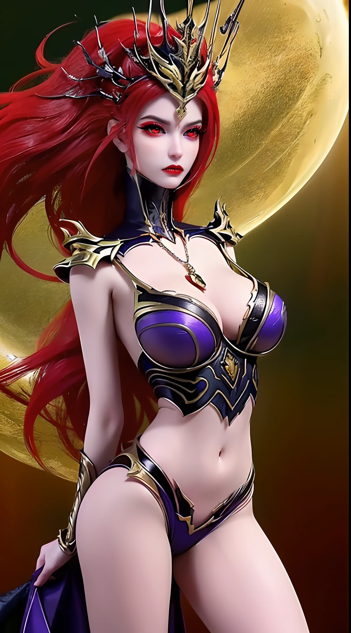 1 beautiful and sexy 20 year old girl, ((wearing traditional Hanfu armor with main colors purple and red:1)), not wearing pants, sexy hanfu style, ((long red hair:1.7)), jewelry elaborately made from precious stones and beautiful hair, ((wearing a 24k gold lace necklace:1.4)), the noble, noble style of an extremely beautiful girl, her small face is super cute, her face is very pretty, thin eyebrows, flawless beautiful face, ((black eye pupils: 0.8)), very beautiful eyes, ((light red eyes: 1)), (((big round eyes:1.6))), nice makeup and hair detailed eyelashes, steamy eye makeup, high nose, earrings, red lips, ((closed mouth: 1.5)) beautiful lips, slim hands, most beautiful thighs, ((arms spread out to the sides: 1.5)), rosy face, clean face, flawless beautiful face, smooth white skin, (big breasts: 1.5)), tight breasts, beautiful cleavage, (((big breasts and super round: 1.8))), beautiful breasts, perfect body, ((put girl's arms behind her back:1.6)), chest out, sit down on the bed, ((Open your legs:1.5)), not ashamed, 8k photo, super high quality, super realistic, super 10x pixels, optical, bright studio, bright edges, dual-tone lighting, (high-detail skin:1.2), super 8k, soft lighting, high quality, volumetric lighting, photorealistic, photorealistic high resolution, lighting, best photo, 4k, 8k quality, smooth sharp, 10x pixel, ((royal villa background:1.5)), aurora, lightning, super graphics realistic, most realistic graphics, 1 girl, alone, solo, Extremely sharp image, surreal, ((portrait:1.2))."