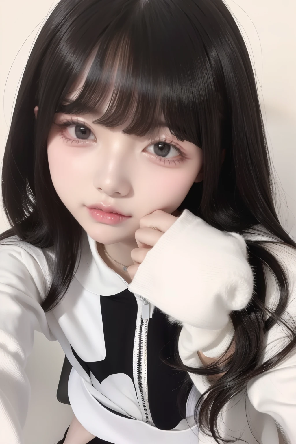 top-quality、8K、32K、masterpiece、nffsw:1.2)、1girl in、One girl、A dark-haired、Heavy bangs、long hair to the chest、Wearing a black long-sleeved puff-sleeved blouse &White flare mini skirt、Cute clothes、White wall background、Focus on the face、Focus on the face