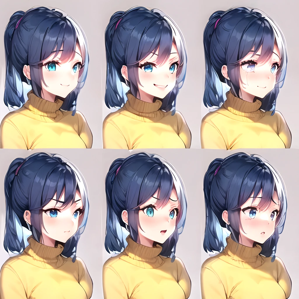 1girl,right three-quarter view,grey background,close-up,face expression sheet,same person,9 face expressions,grid,medium hair,(blue hair:1.4),green eyes,smile,laughing,crying,tired,sly smirk,shy,grumpy,surprised,terrified,BREAK(yellow sweater:1.4),best quality,masterpiece,highly detailed,super detailed,8k