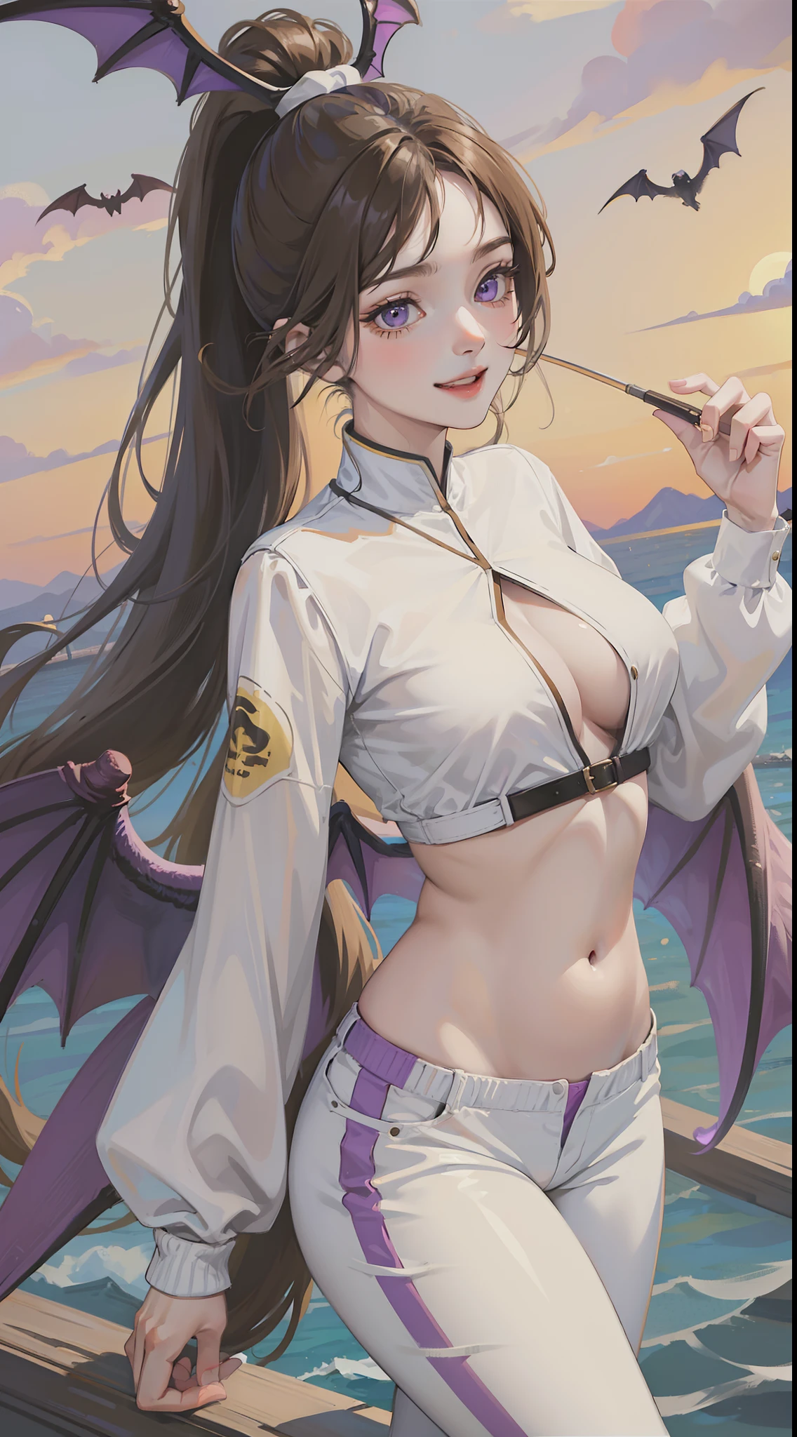 young girl, Long brown hair, high ponytail, yellow and purple eyes, white tight top, open belly, open breasts, fishing net, tight purple pants, Bat wings, Smile, Masterpiece, hiquality, 4k, HD, Good detail