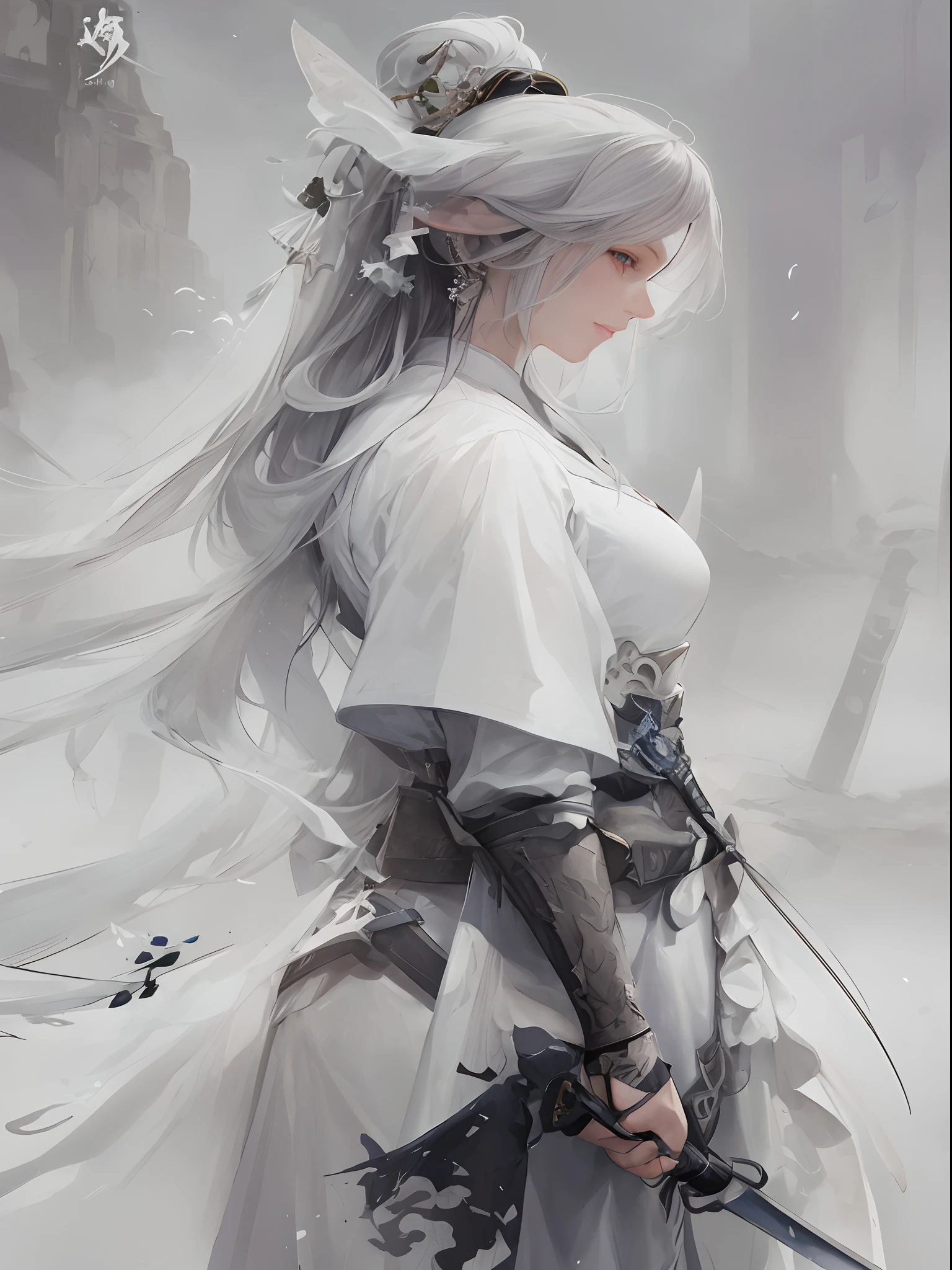 Close-up of a woman in a white dress holding a sword,a character portrait by Yang J,The popularity of CGsociety,Fantasyart,beautiful character painting,Guviz-style artwork,Guvitz,white hanfu,flowing white robe,full-body wuxia,epic exquisite character art,stunning character art,beautiful female assassin,frontage,swing the sword