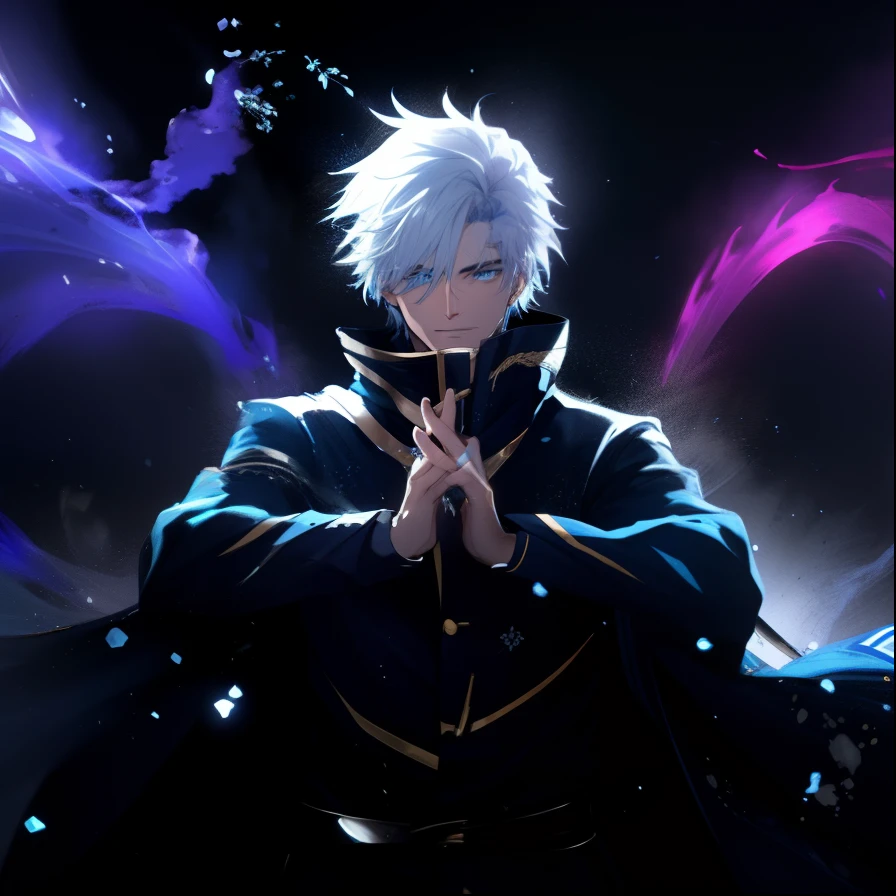Um homem de cabelo branco e olhos azuis brilhantes, vestindo casaco preto sem capa.
BREAK
With a serious expression, Ele olha para o seu destino.
BREAK
Behind him, esferas de cores, azul, vermelho e roxo.
BREAK
The most suitable effect for this scene would be a watercolor painting technique to capture the smoothness and fluidity of the movement.