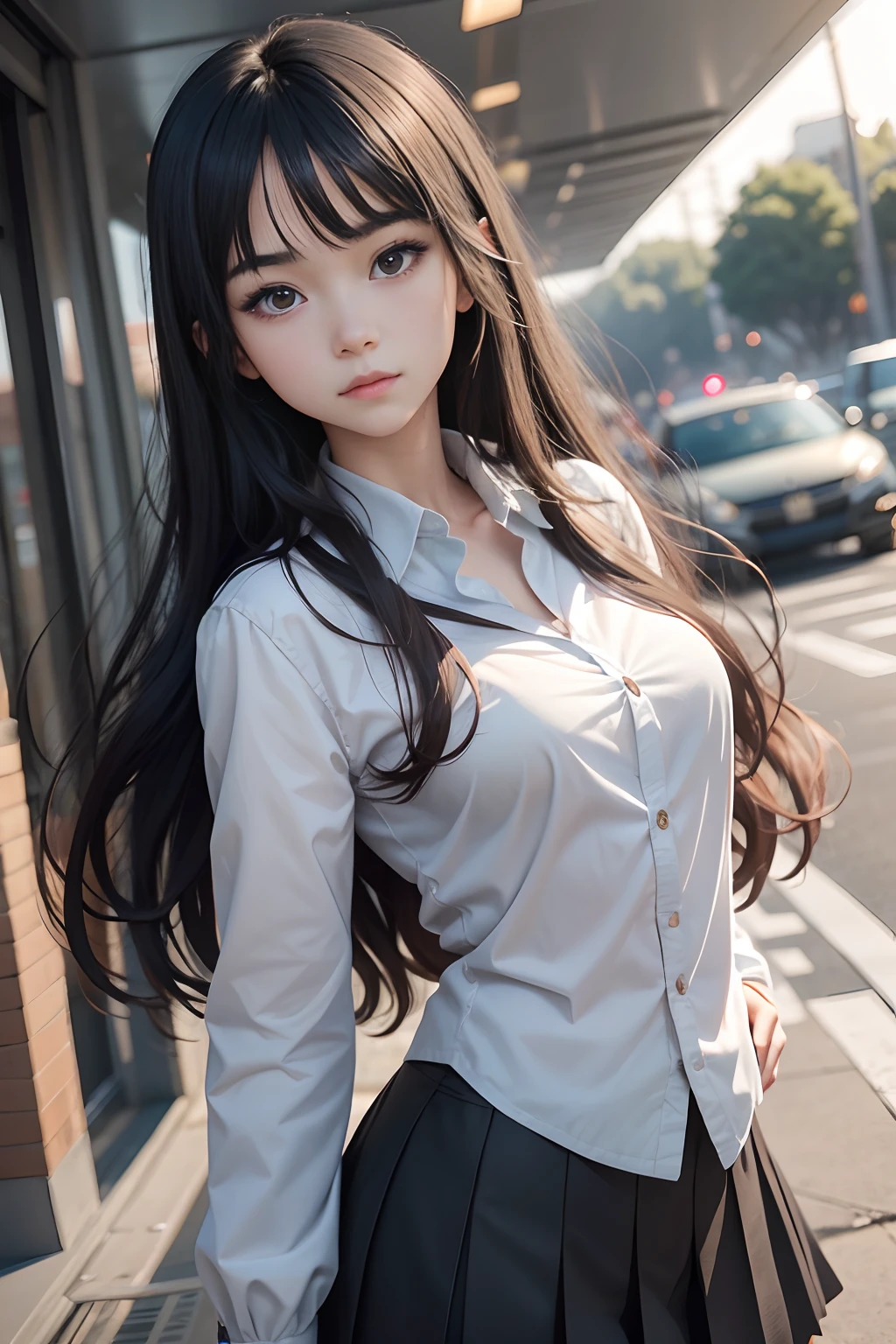 a , Female, Character, Black Long Hair, Gradient Eyes, school unifrom, the breeze blows,(Anime style), (Cinematic lighting), (Ray tracing), ((reflective light)), ((half - body shot)), Atmospheric perspective, masutepiece, acurate, ((Best Quality)), High quality, Super Detail, high details, Anatomically correct, hight resolution, 1080p,