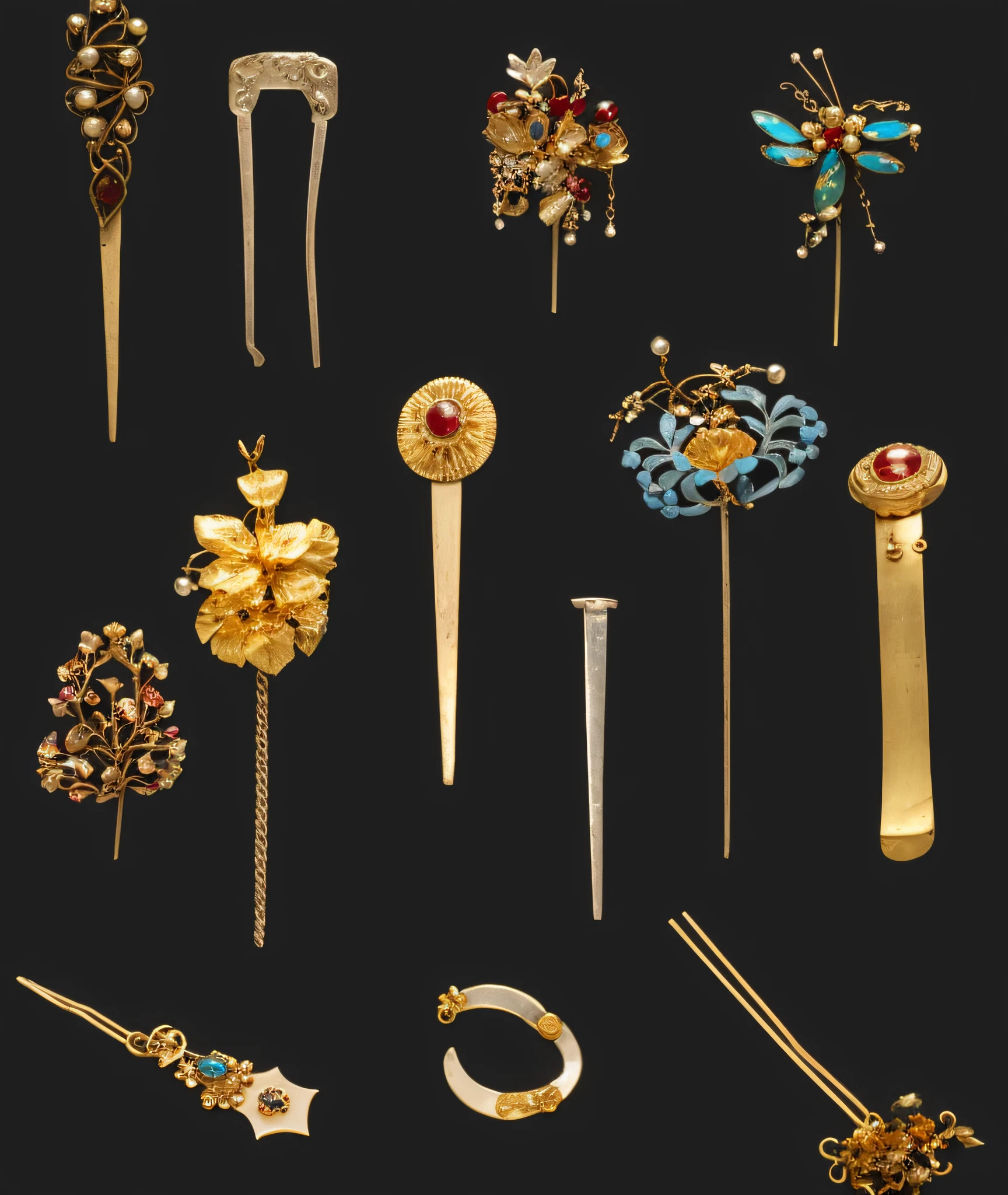 A bunch of close-ups of different types of hairpins, Hair ornaments, Late 1st century 9th century, Pins, 1 Early 9th century, 1 Mid-9th century, gold adornments, hair adornments, gold adornments, versatile styles, jewelry, copious jewelry, Light needles, decorations, inspired by József Borsos,Lots of details,ultraclear