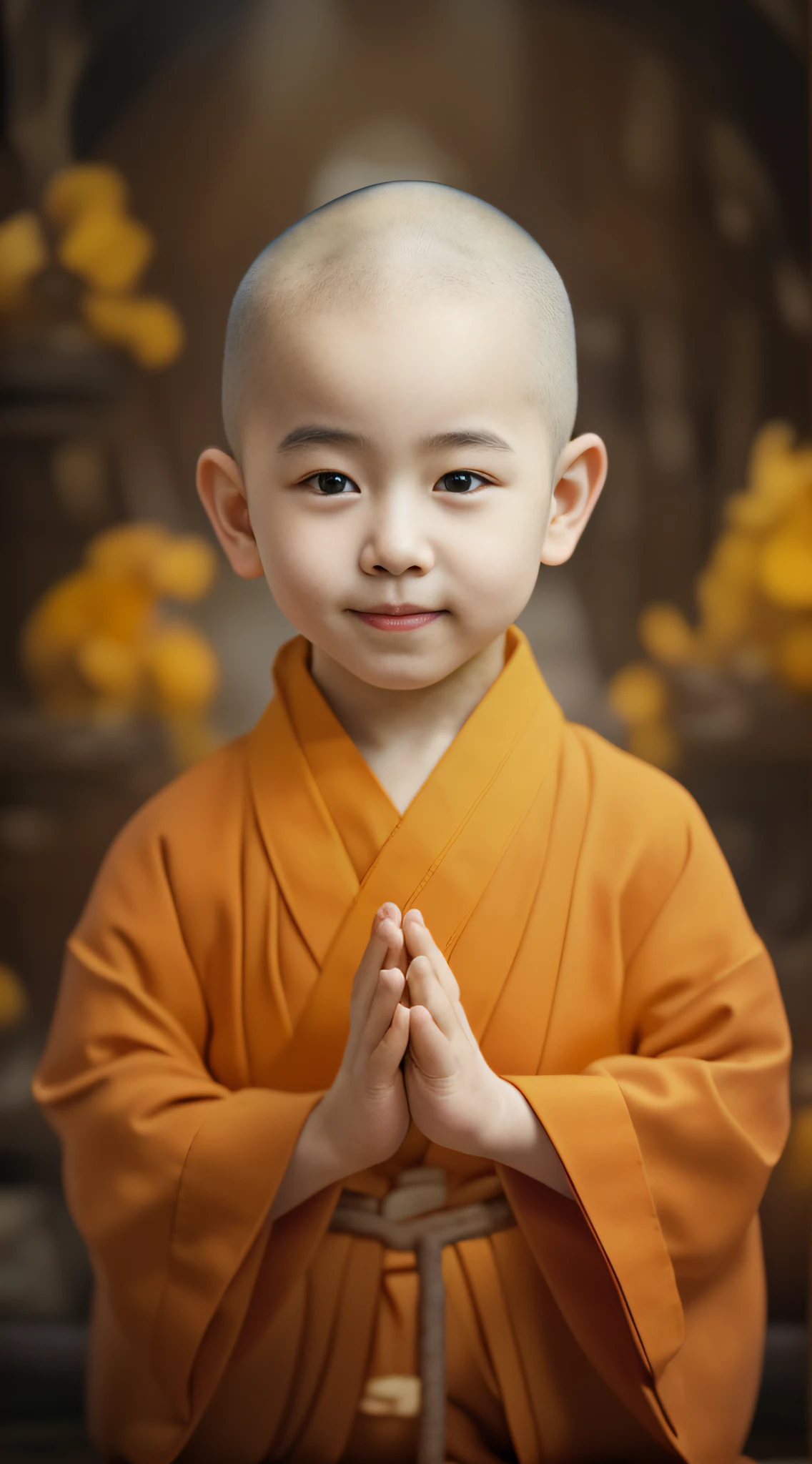 Close-up of a child in a monk's robe sitting on a bench, monk clothes, wearing brown robes, monk meditation, buddhist monk, monk, Buddhist, 2 1 st century monk, dressed in simple robes, blessing hand, wearing a long flowing robe, Buddhist monk meditation, ancient japanese monk, Buddhism, monk, brown robe, portrait of monk, prayer meditation